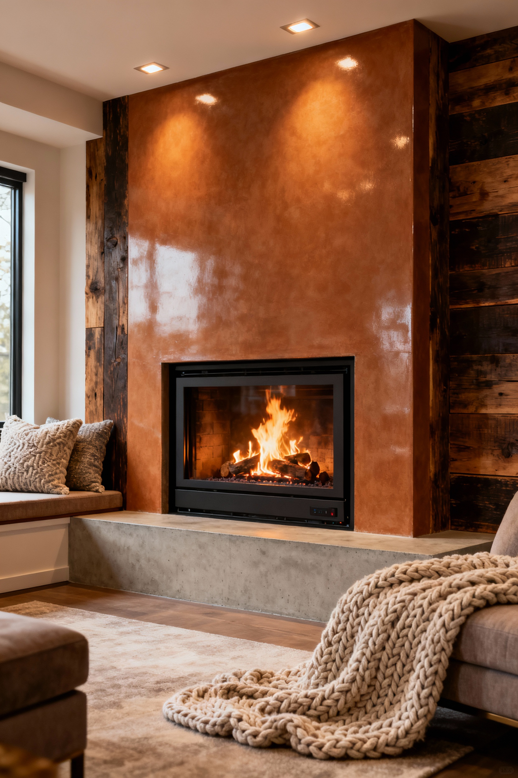 Portrait image of a modern, efficient fireplace insert with a minimalist concrete and reclaimed wood surround, set within a cozy living room featuring soft textiles and warm, inviting lighting.
