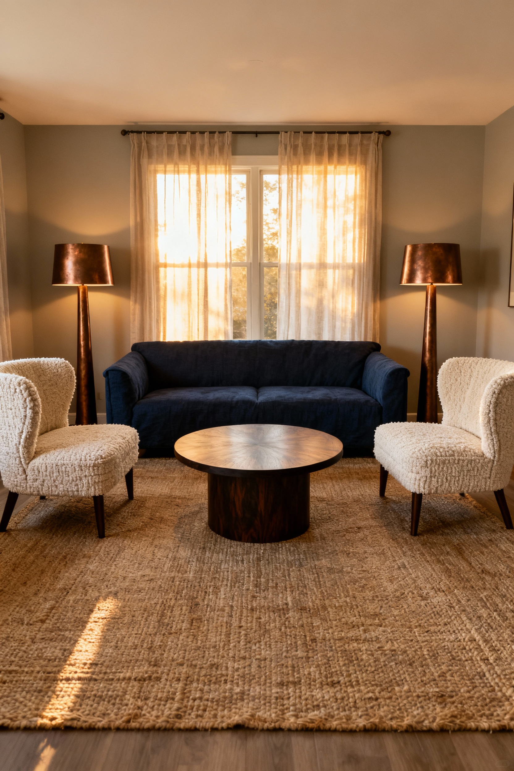 A cozy, transitional living room where the seating, including a navy sofa and cream armchairs, is floated away from the walls and arranged in a U-shape around a coffee table, emphasizing an intimate conversation grouping.