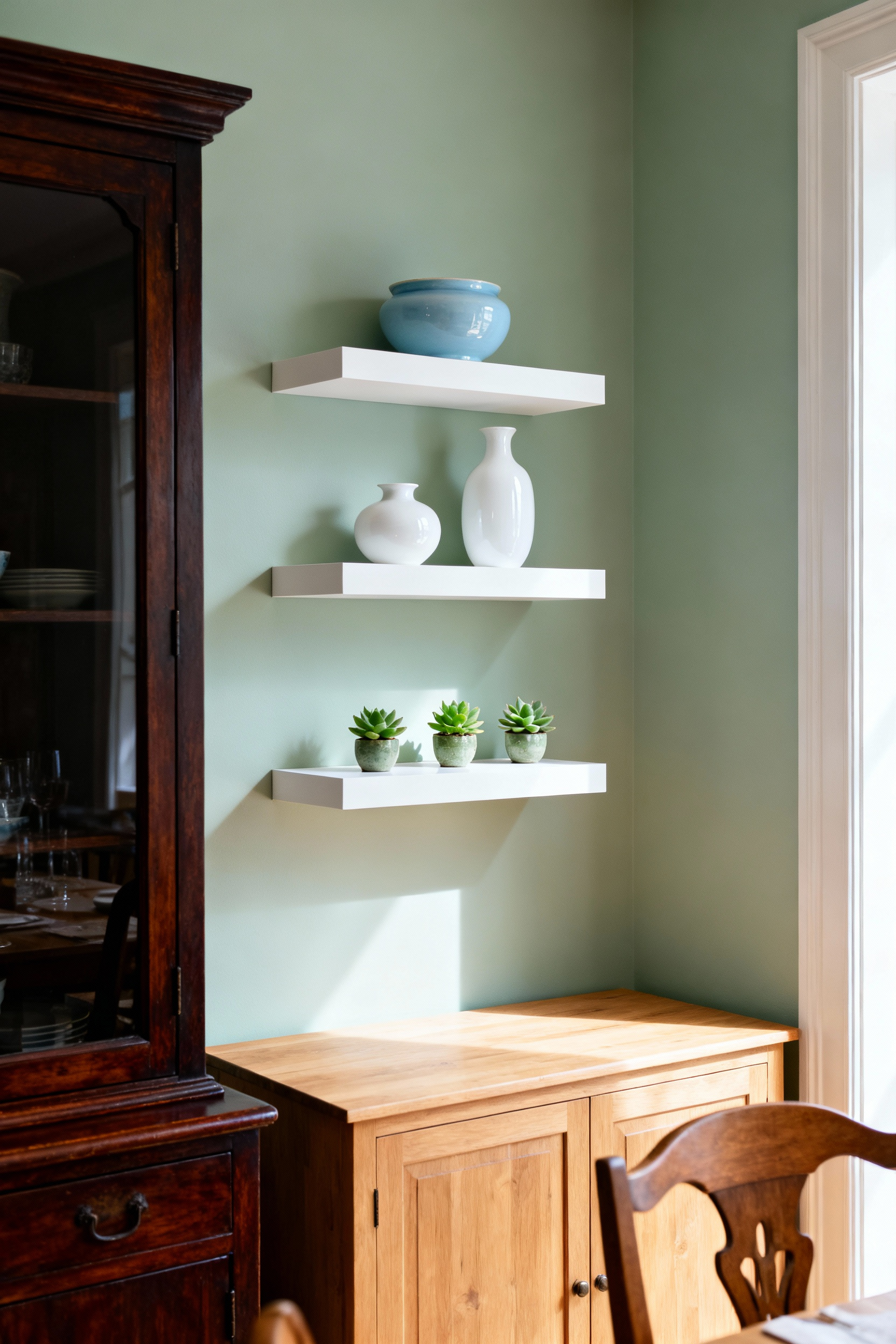 A bright, small dining room corner contrasting a bulky, dark wood China cabinet with light, minimalist floating shelves displaying seasonal collections, emphasizing effective space-saving vertical storage.