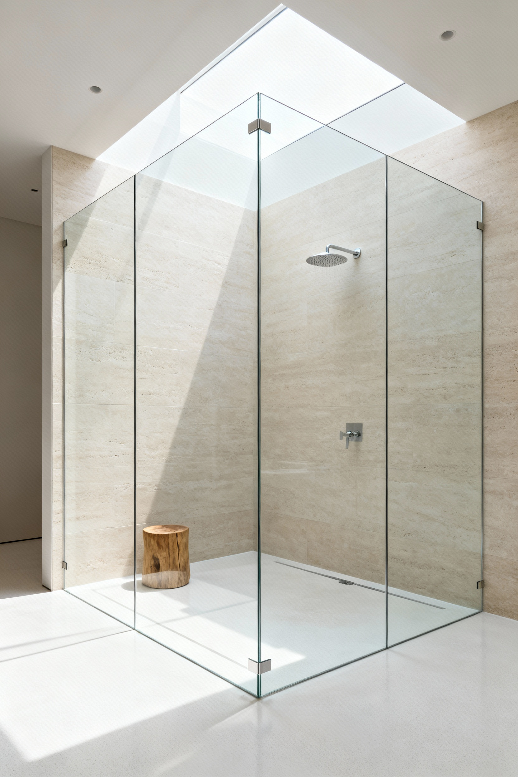 A bright, minimalist bathroom featuring a frameless glass shower enclosure that promotes visual continuity and mental clarity in wellness architecture design.