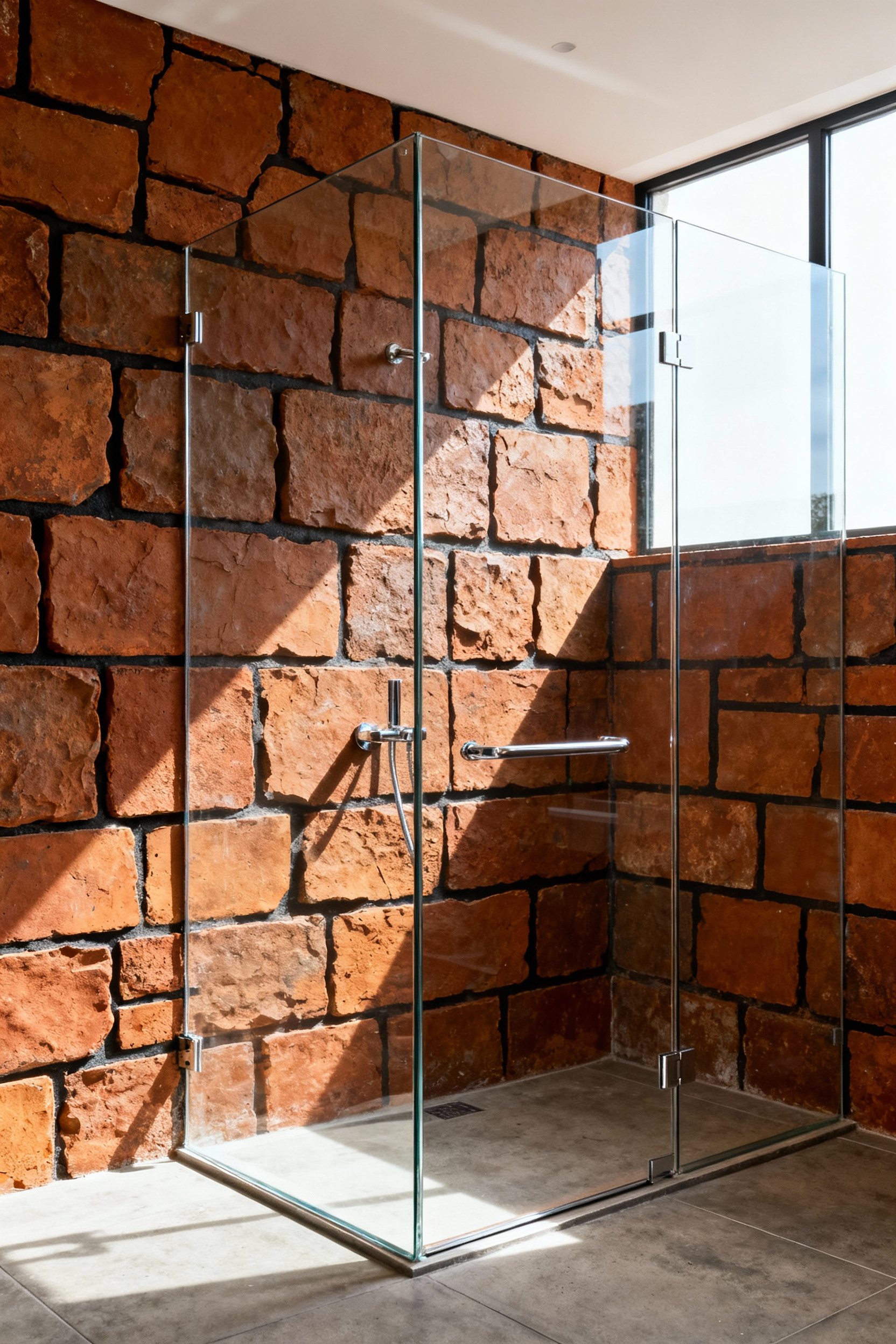 A transitional modern farmhouse bathroom featuring a frameless glass shower enclosure contrasted against deeply textured rustic terracotta wall tiles, illuminated by natural light.