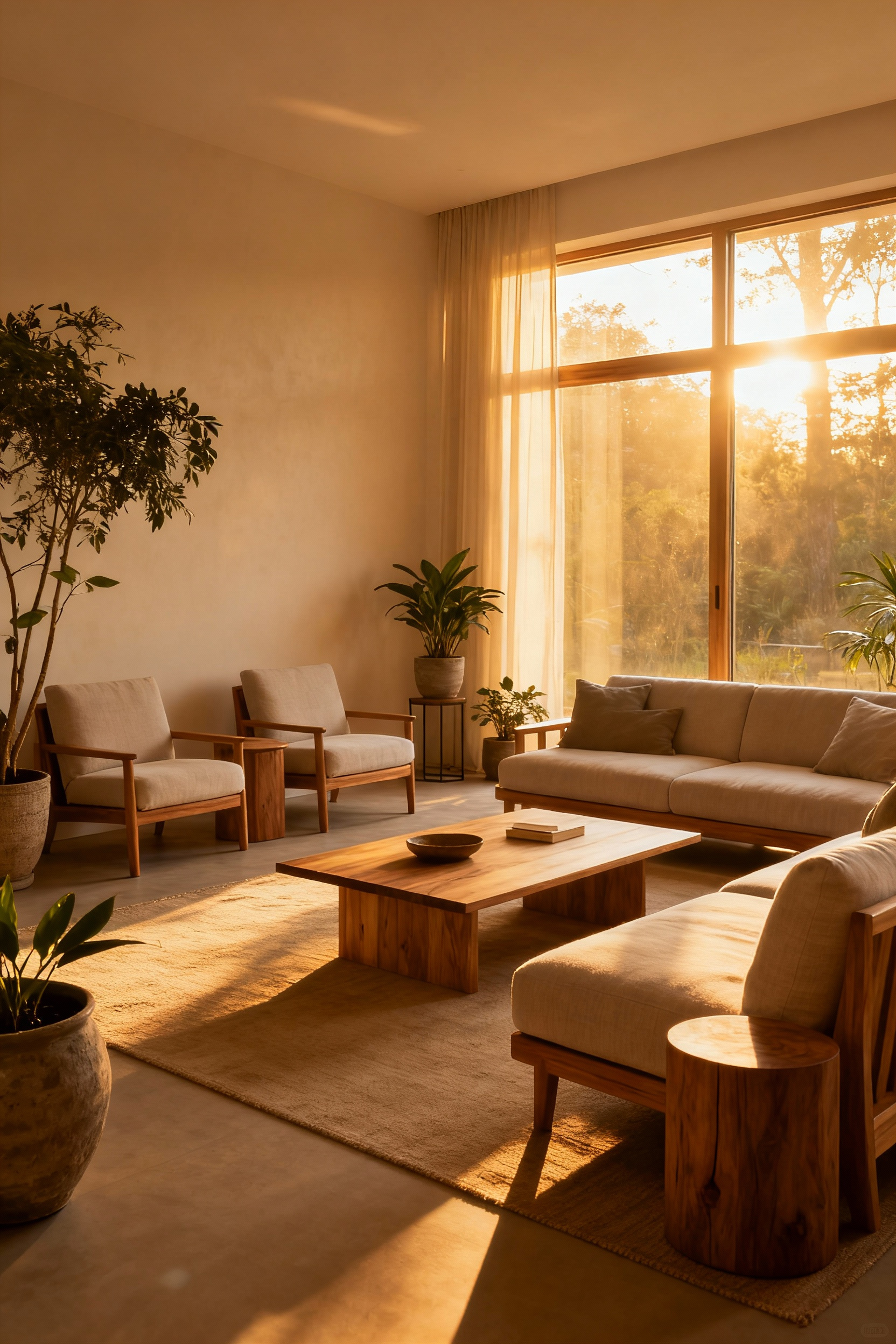 A minimalist, serene living room with natural wood furniture, organic linen upholstery, and potted plants, perfectly arranged under soft golden hour light, reflecting thoughtful furniture audits for wellness.