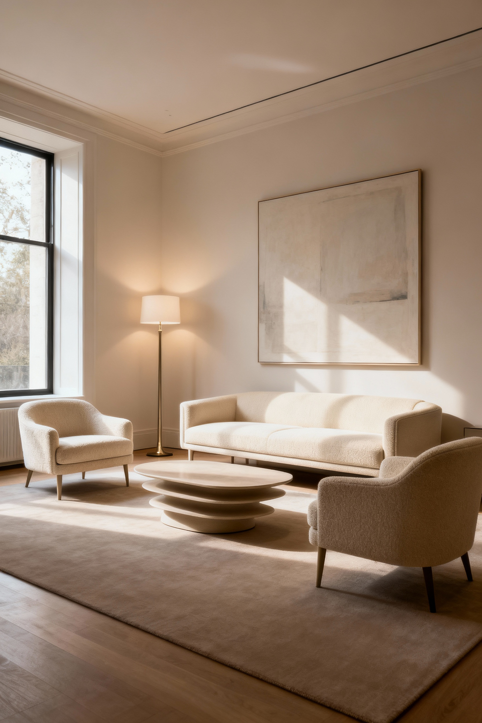 A modern living room showcasing perfectly scaled and proportionate furniture for visual harmony. A cream sofa, two armchairs, and a tiered coffee table are arranged under soft natural light, creating a serene and balanced environment.