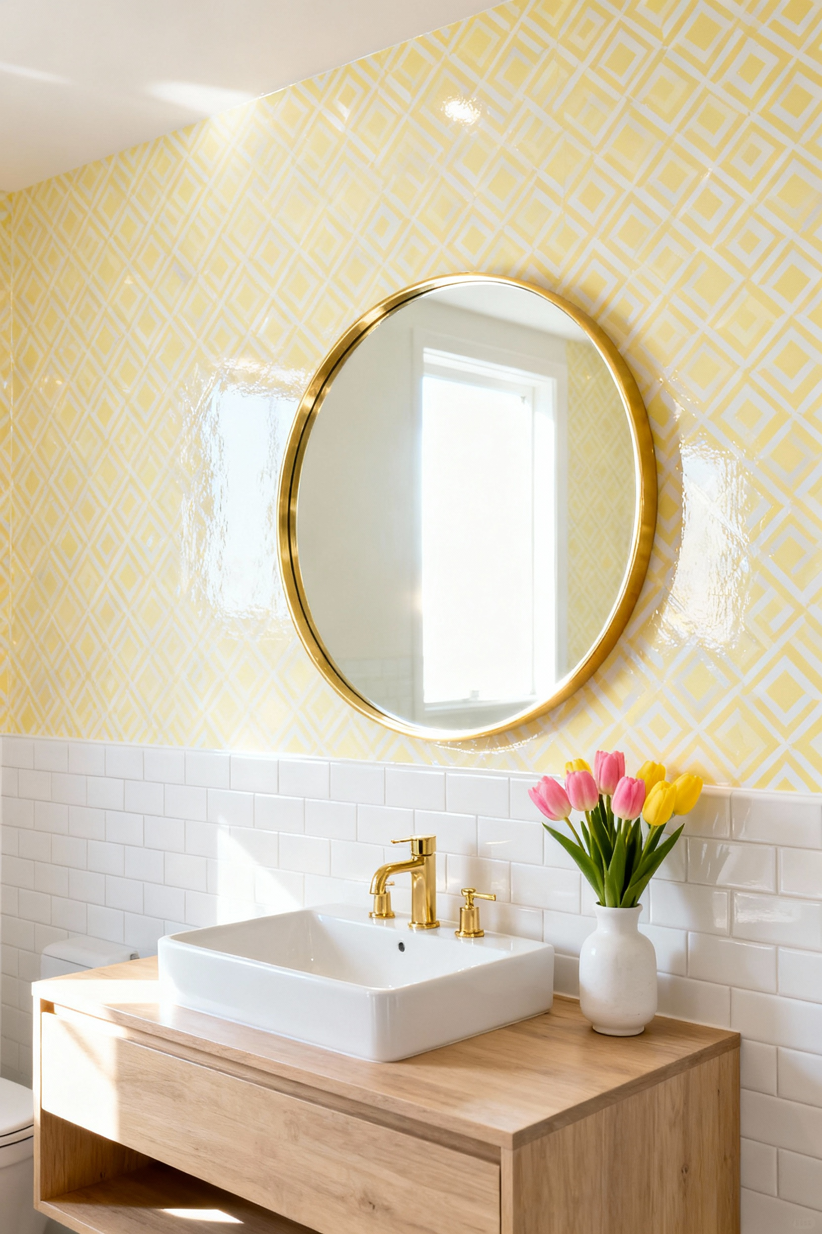 Brightly lit bathroom featuring high-gloss, reflective pale yellow and white geometric peel-and-stick wallpaper installed above a white subway tile wainscoting, demonstrating a renter-friendly spring decor transformation.