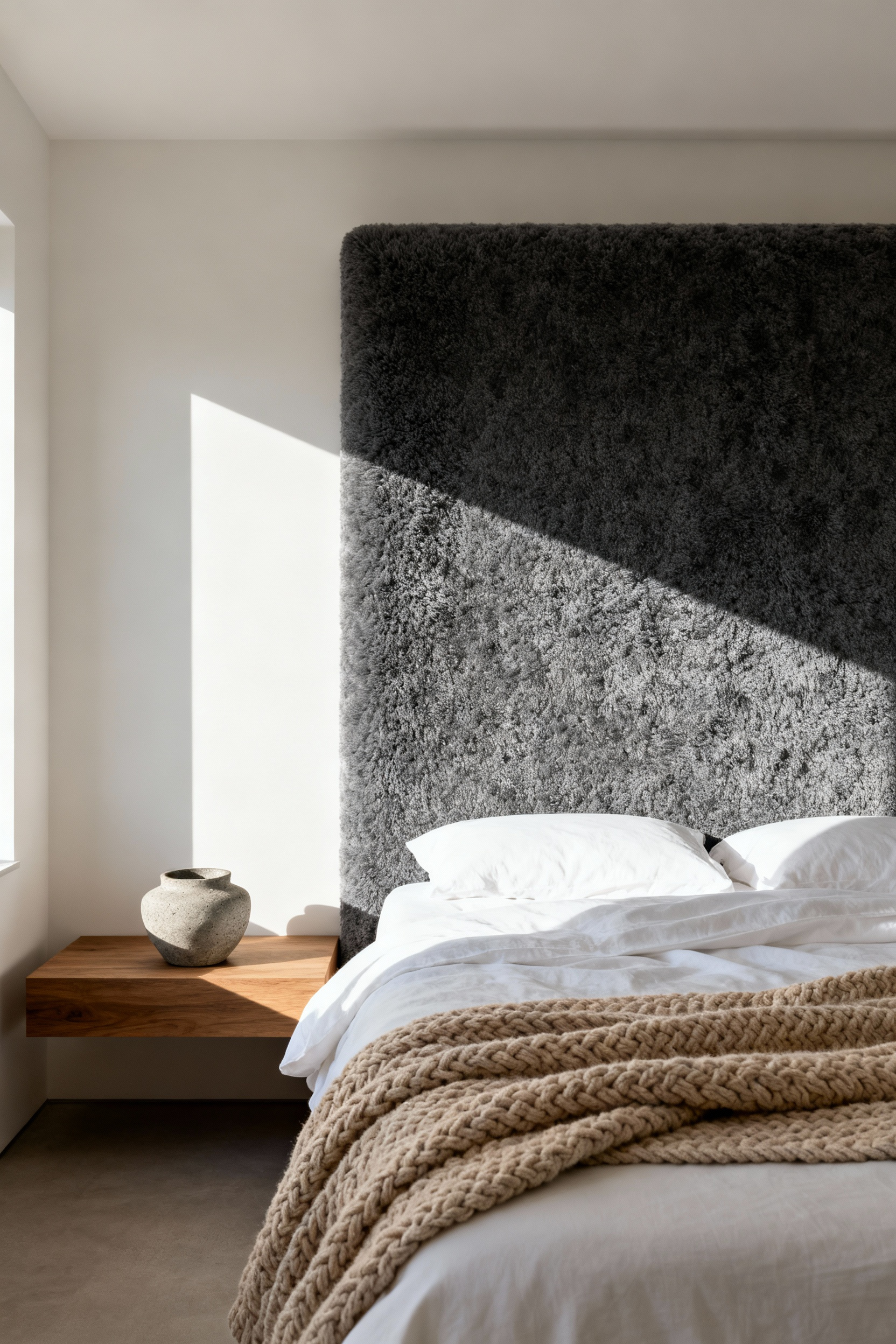 A massive, charcoal upholstered headboard extending past the width of a king-sized bed in a minimalist bedroom, designed to act as a psychological anchor for security and grounding.