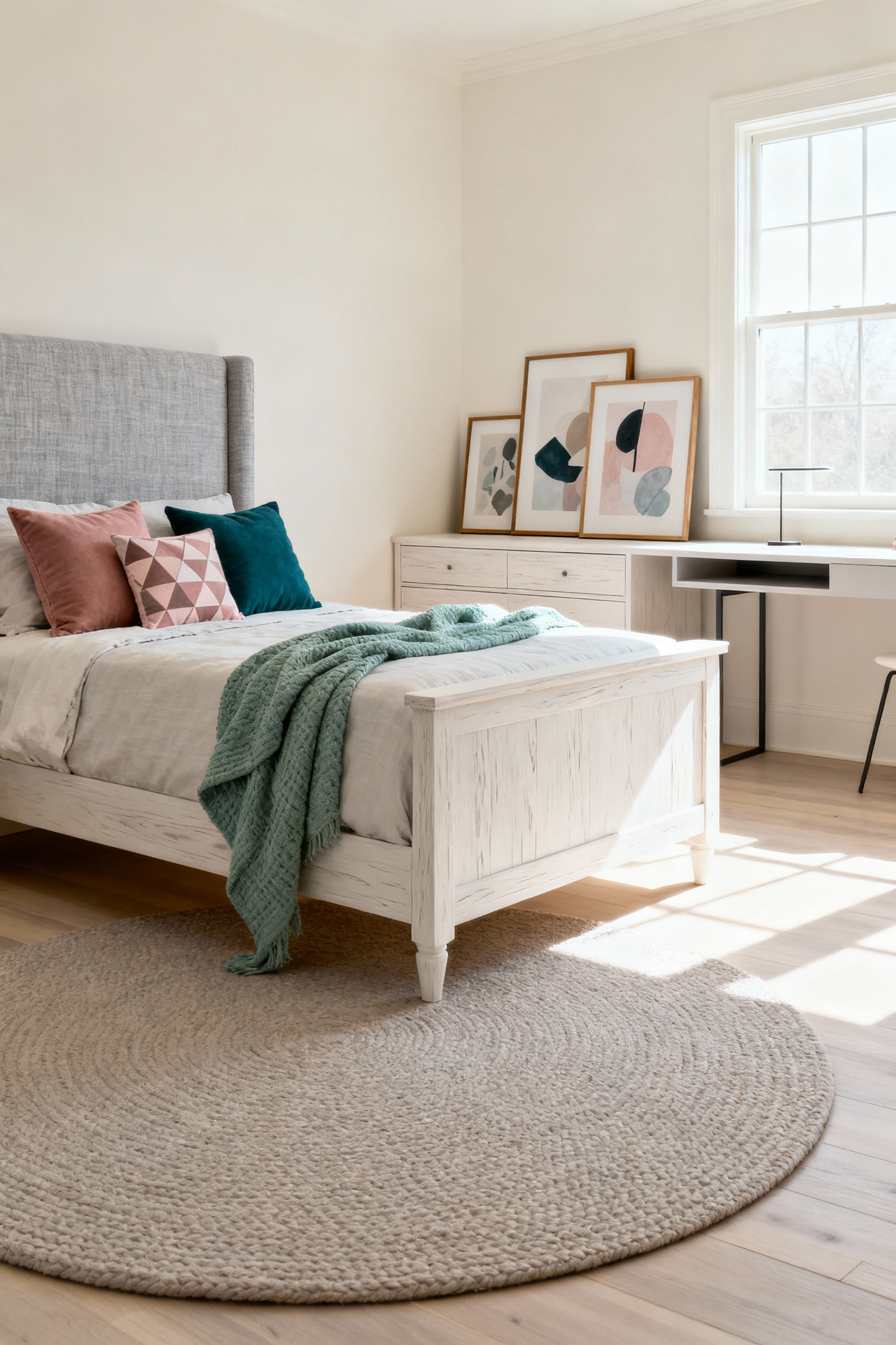 A sophisticated and bright teenage girl's bedroom featuring an adult-sized gray upholstered bed, white oak furniture, and neutral walls, accented with budget-friendly dusty rose and sage green textiles to demonstrate a grow-with-her design strategy.