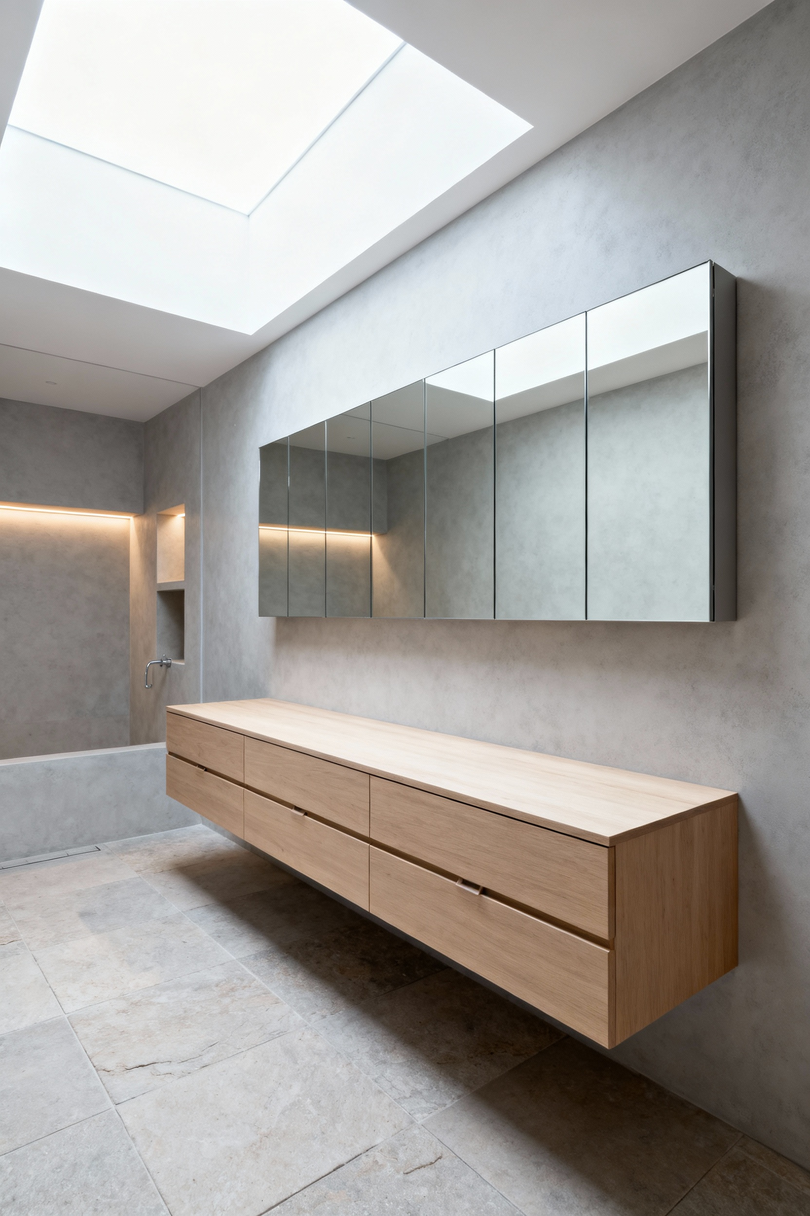 A photograph of an immaculate, minimalistic bathroom featuring integrated, handleless cabinetry and recessed niches to hide clutter and reduce visual noise