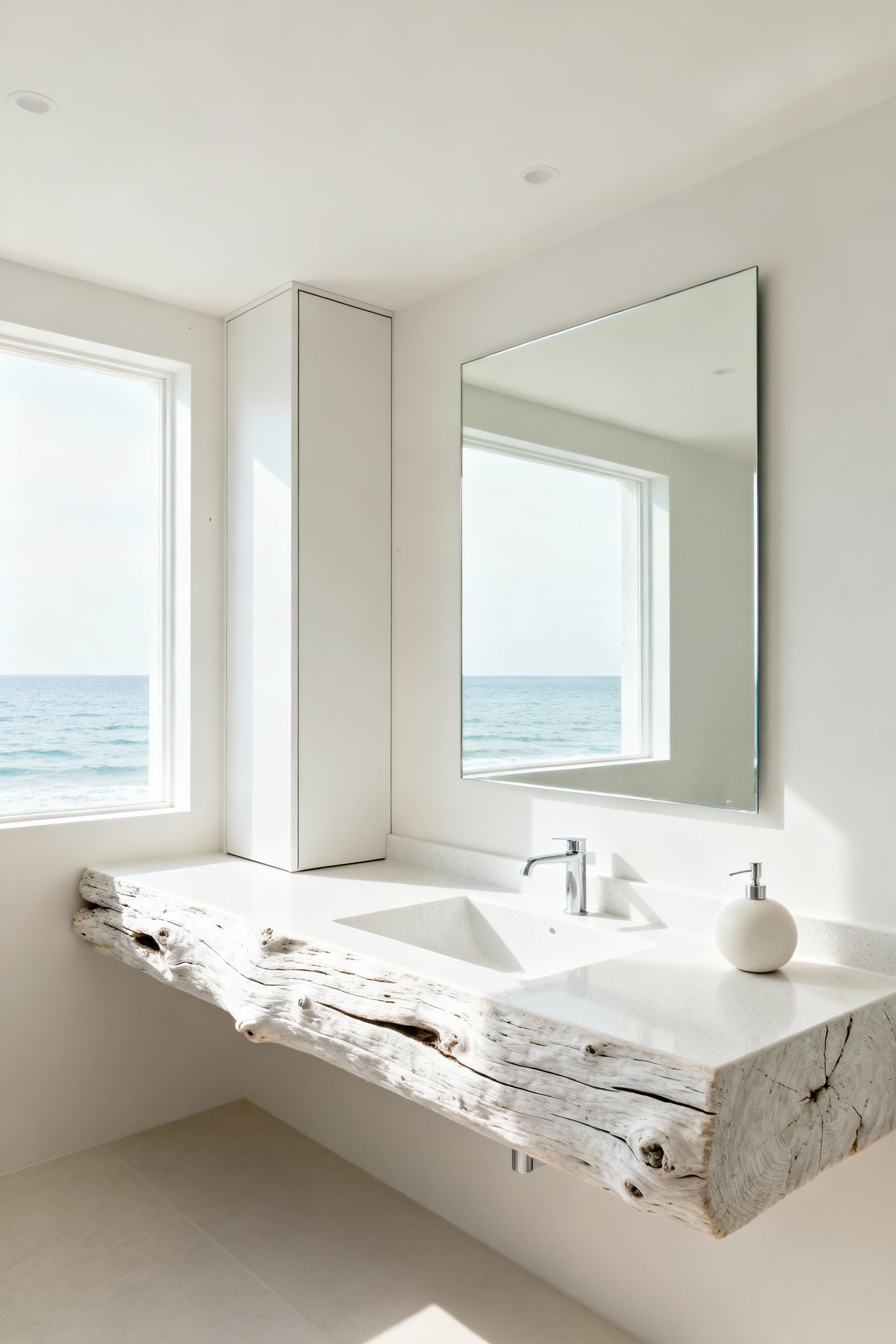 A pristine, minimalist coastal bathroom featuring a floating whitewashed vanity and a white quartz countertop completely free of clutter, emphasizing visual silence and suggesting hidden, recessed storage solutions in the wall.