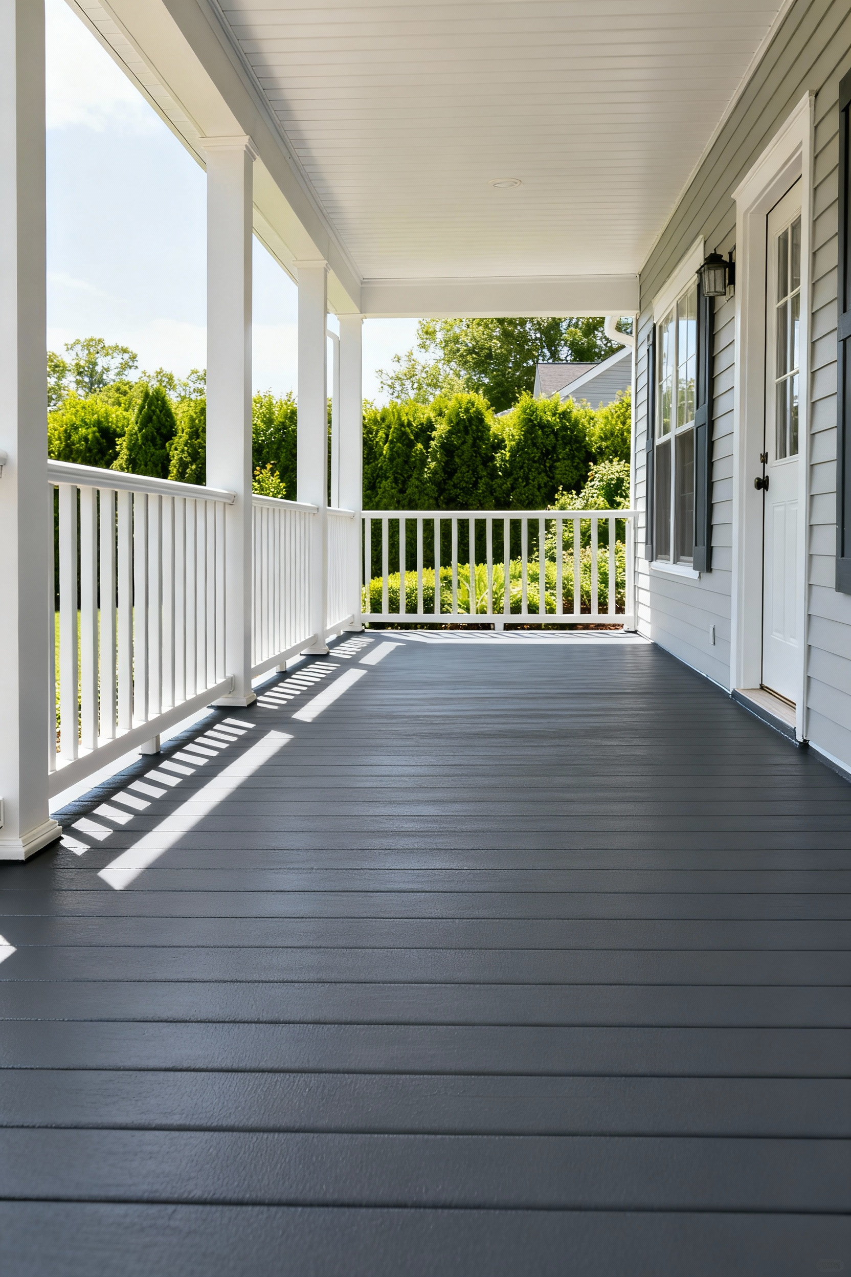 A newly painted residential porch floor covered in a uniform, slate-grey high-build acrylic paint finish designed for superior exterior UV stability and crack resistance.