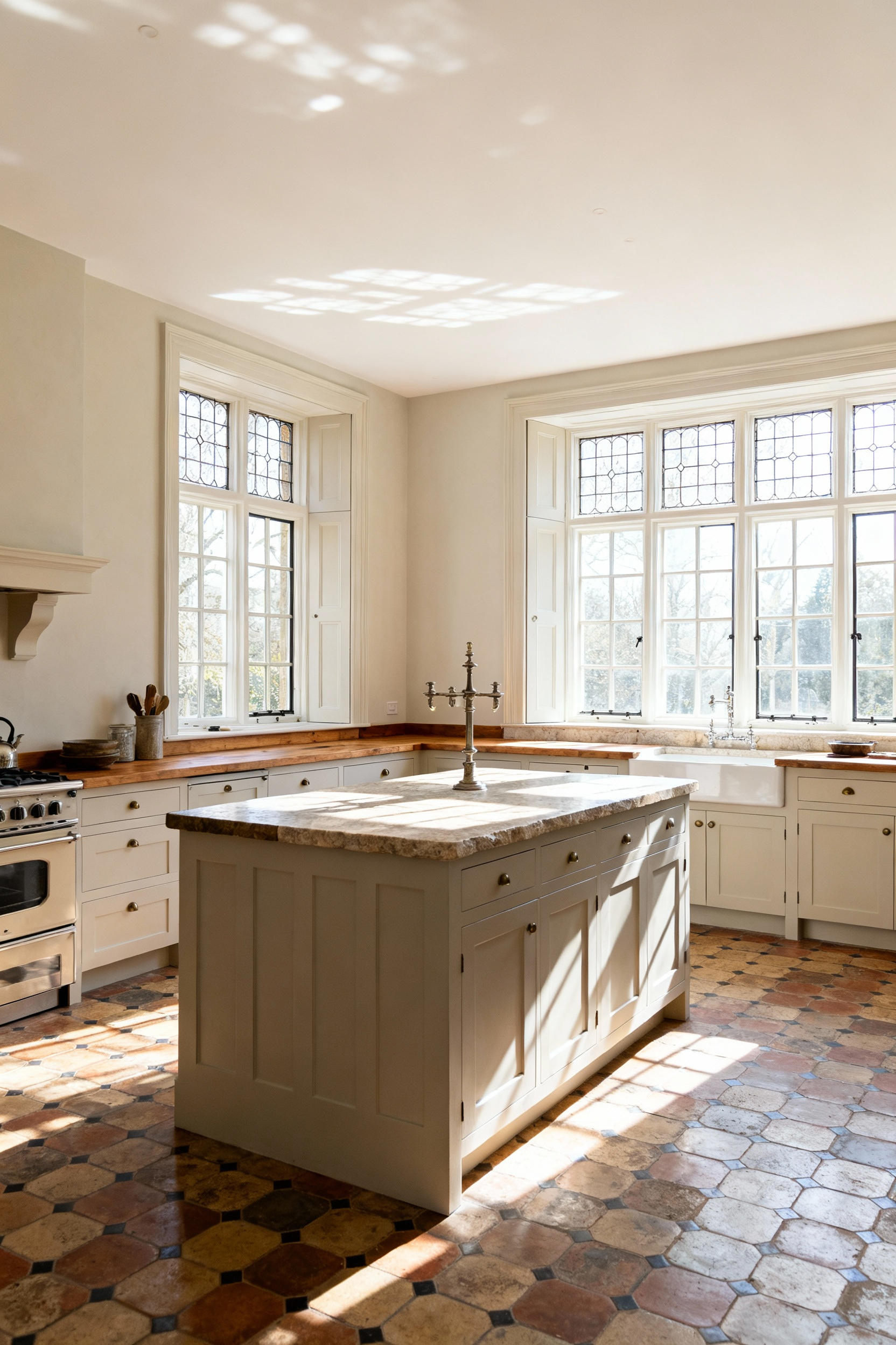 A brightly lit historic kitchen featuring period-appropriate casement windows that allow abundant natural light, showcasing sympathetic fenestration updates and subtle light refraction patterns.
