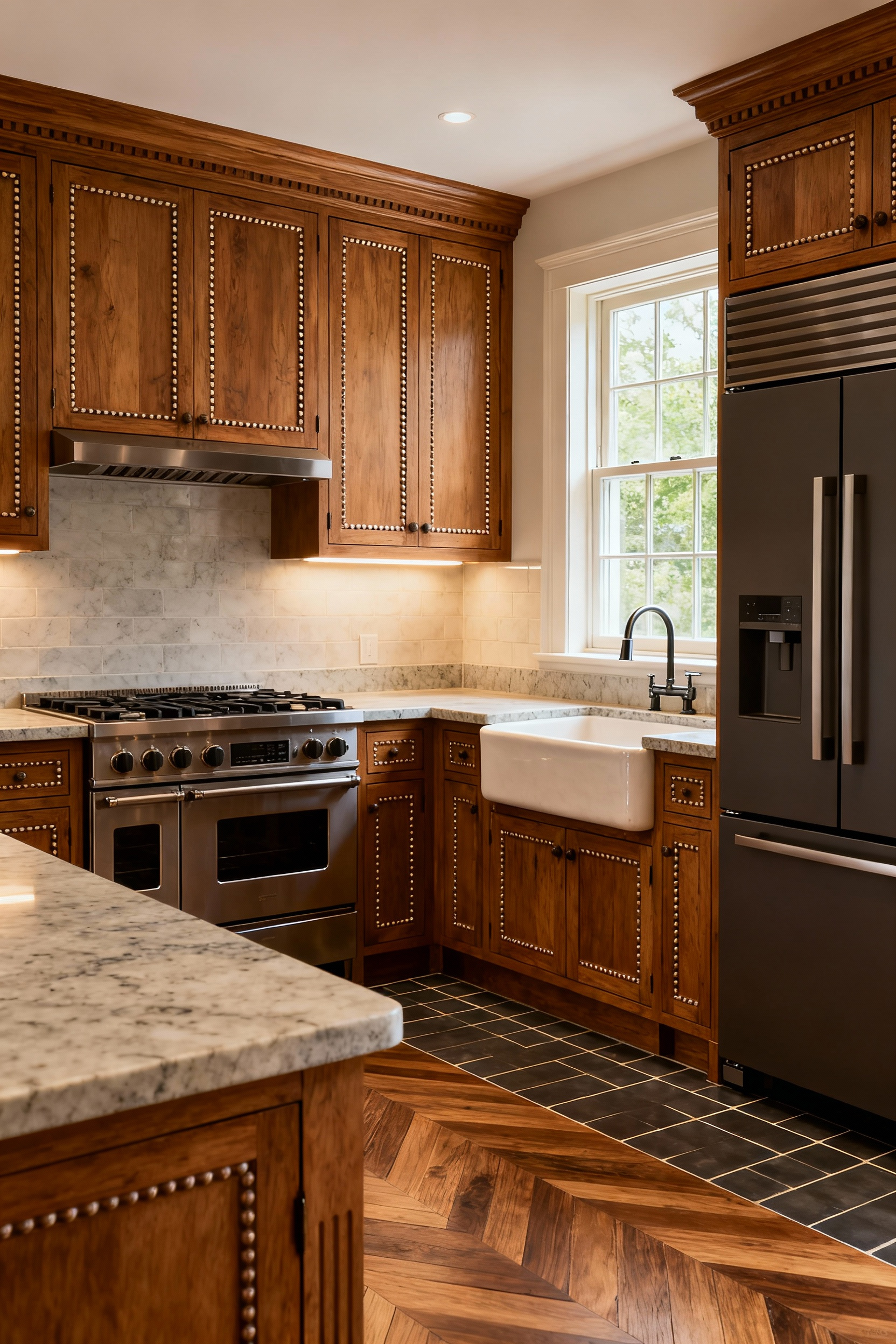 A beautifully renovated historic kitchen blending traditional cabinetry and period materials with modern, integrated appliances for seamless functionality. Features natural light, classic styling, and contemporary comforts.