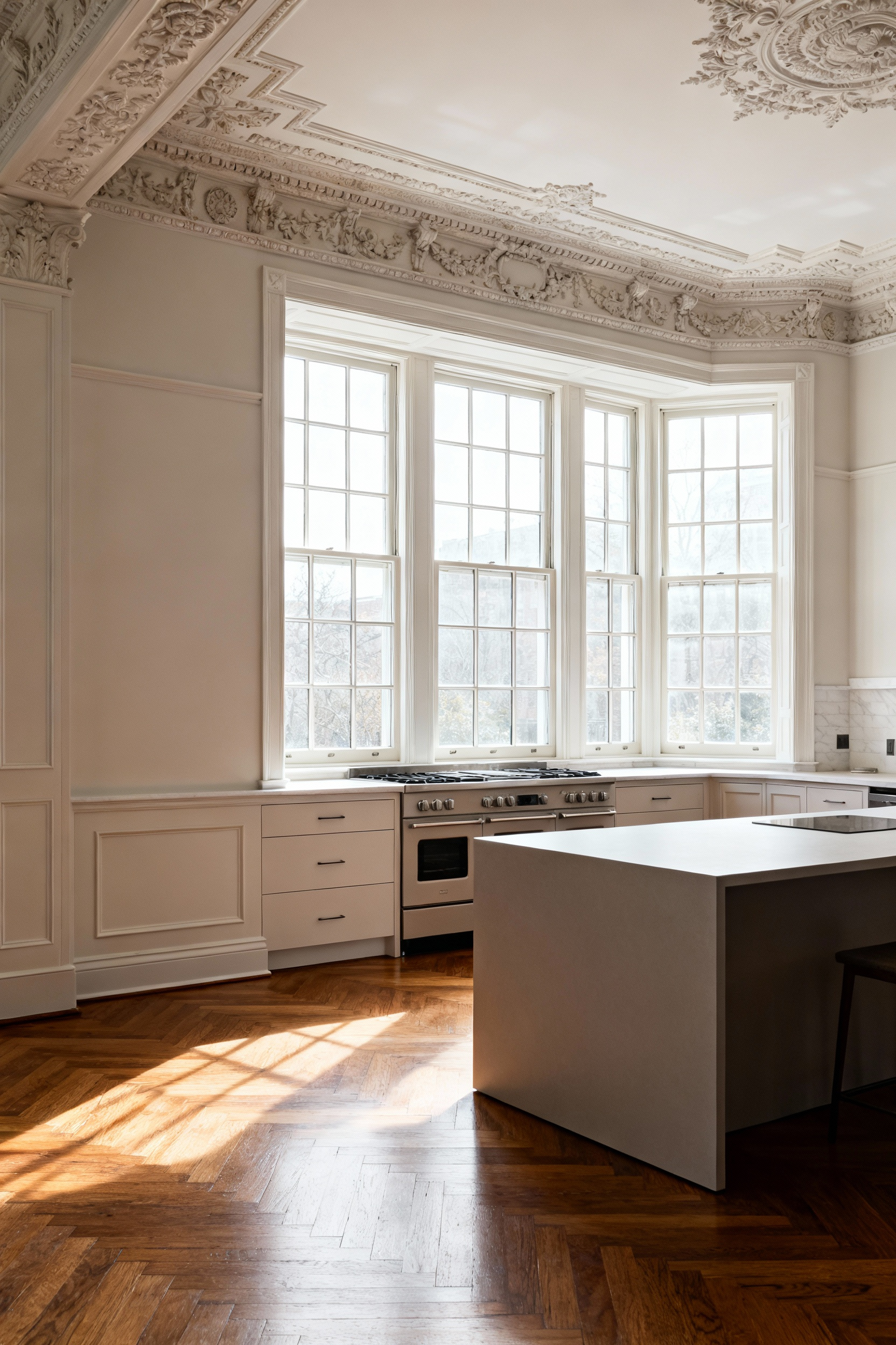A beautifully renovated kitchen in a historic property, showcasing original architectural features carefully blended with modern, compliant designs.