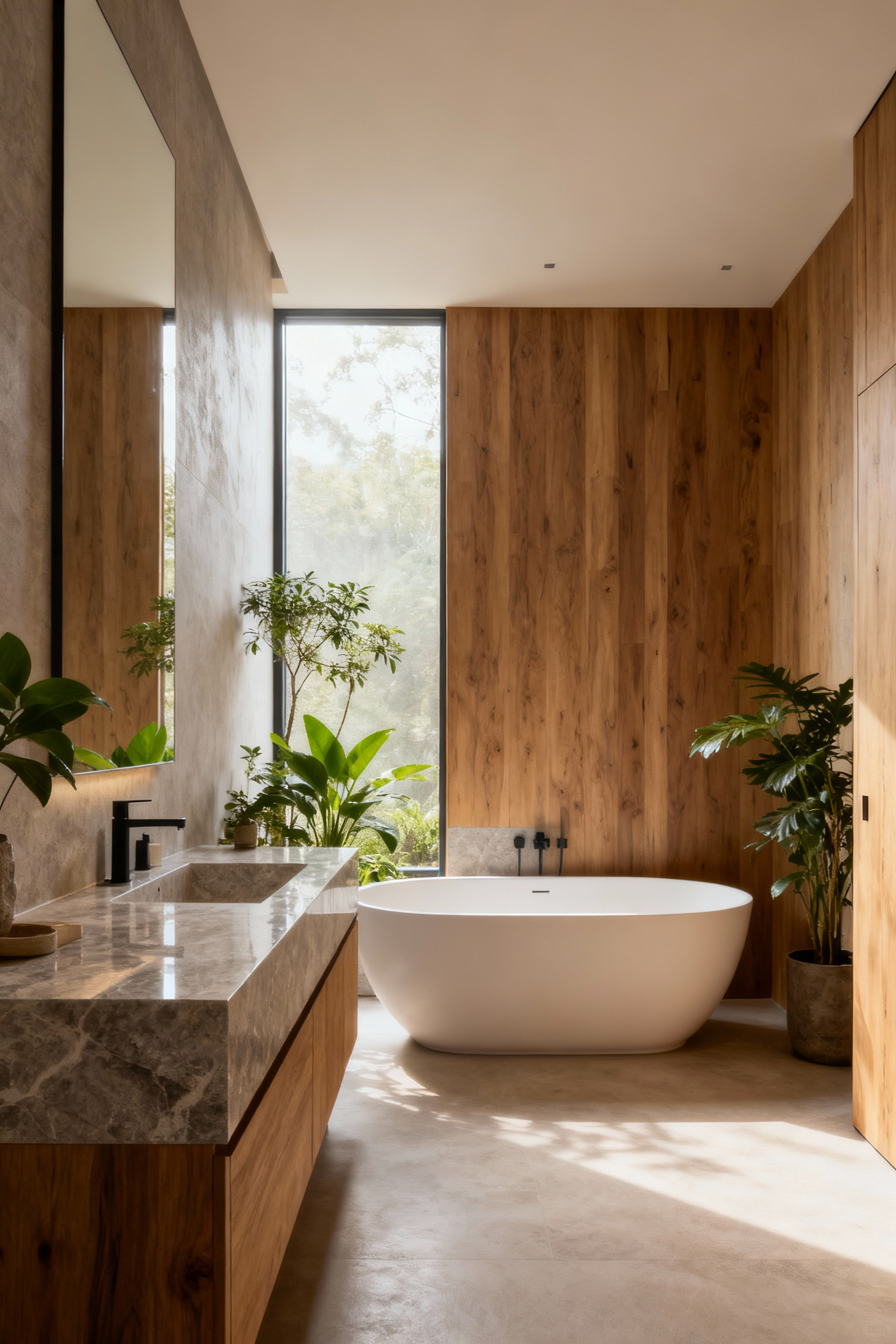 A tranquil modern bathroom designed by a holistic consultant, featuring natural materials, abundant light, and a minimalist freestanding tub, exemplifying seamless cohesion and optimal flow.