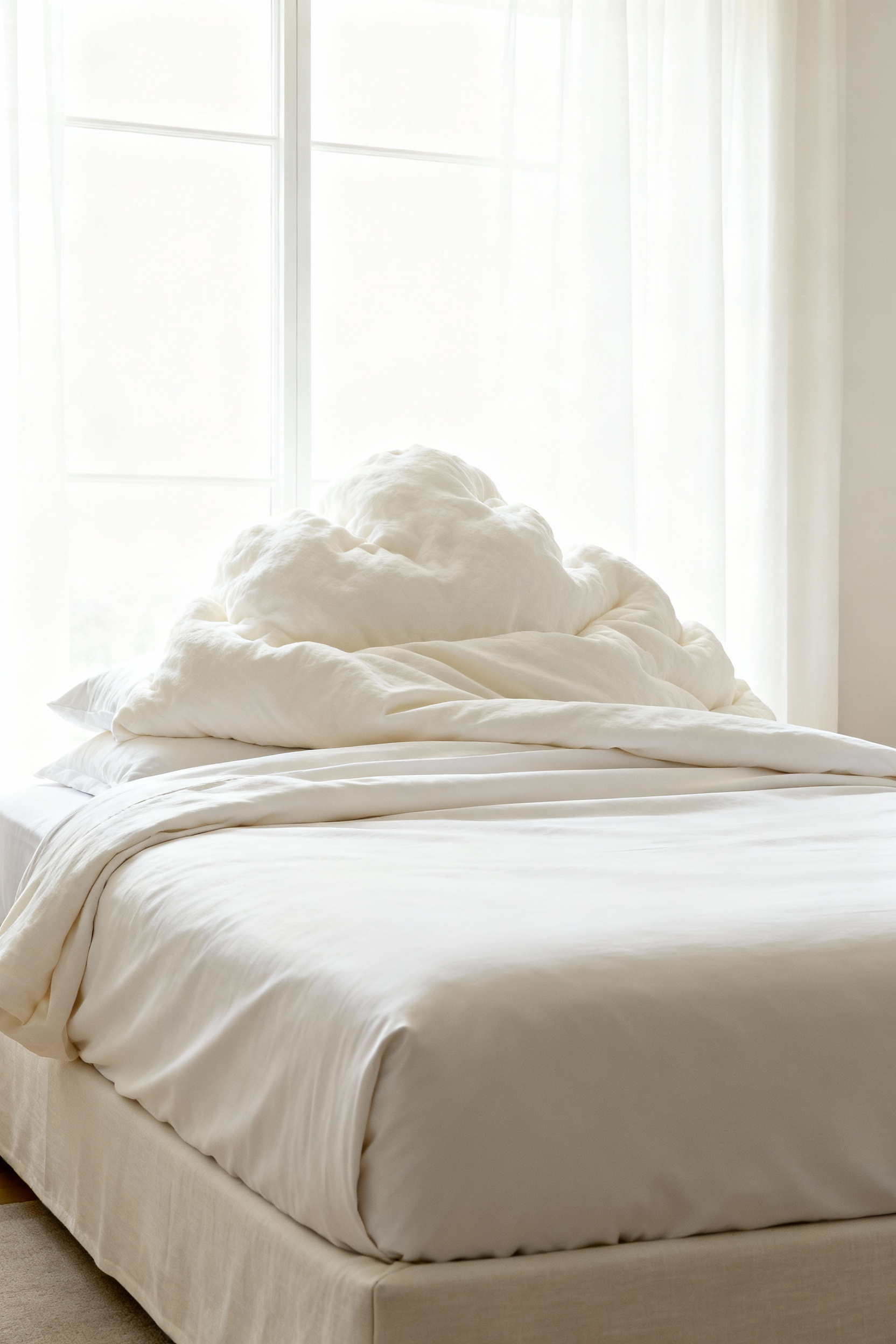 A pristine, hotel-style layered bed featuring crisp white sheets, perfectly tucked hospital corners, and a voluminous, cloud-like duvet folded down in a light and airy minimalist bedroom setting.