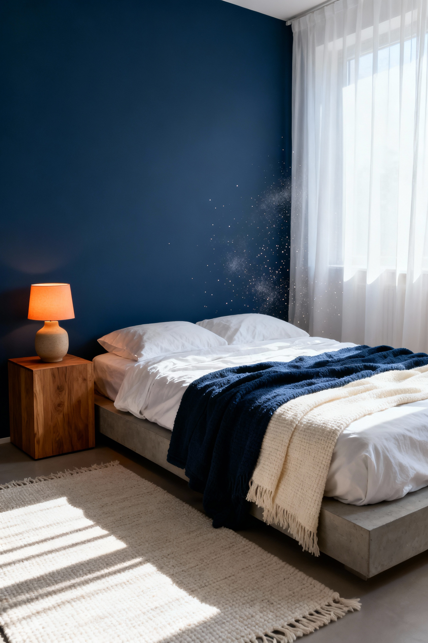 A serene, indigo blue painted bedroom featuring a white linen platform bed, minimal oak furniture, and soft, warm lighting designed to counter digital stimulation and induce deep rest.