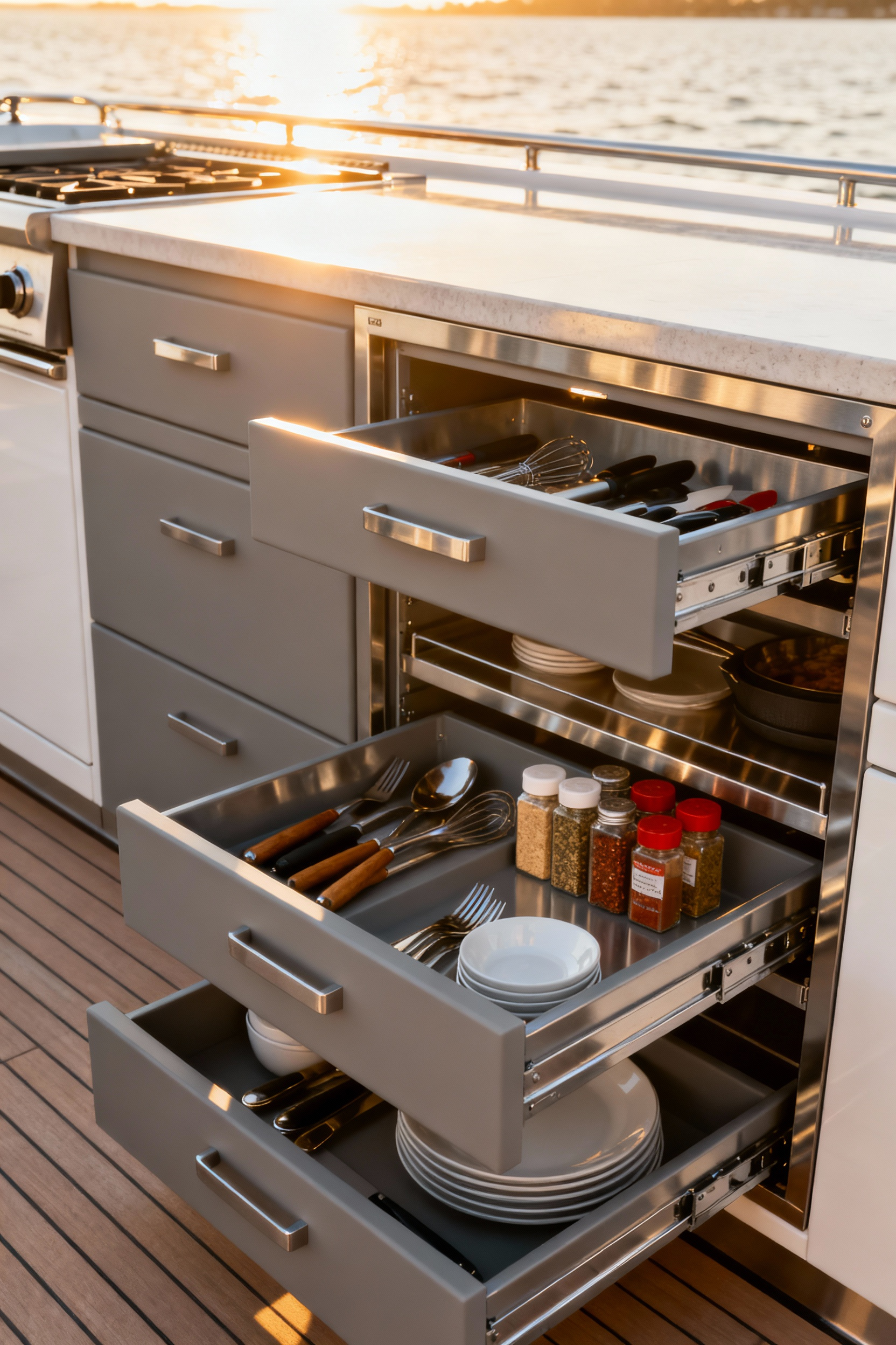 A modern outdoor kitchen with intelligent storage systems. Visible are pull-out drawers and shelves organized with kitchen tools and accessories, highlighting enhanced usability and efficient storage.