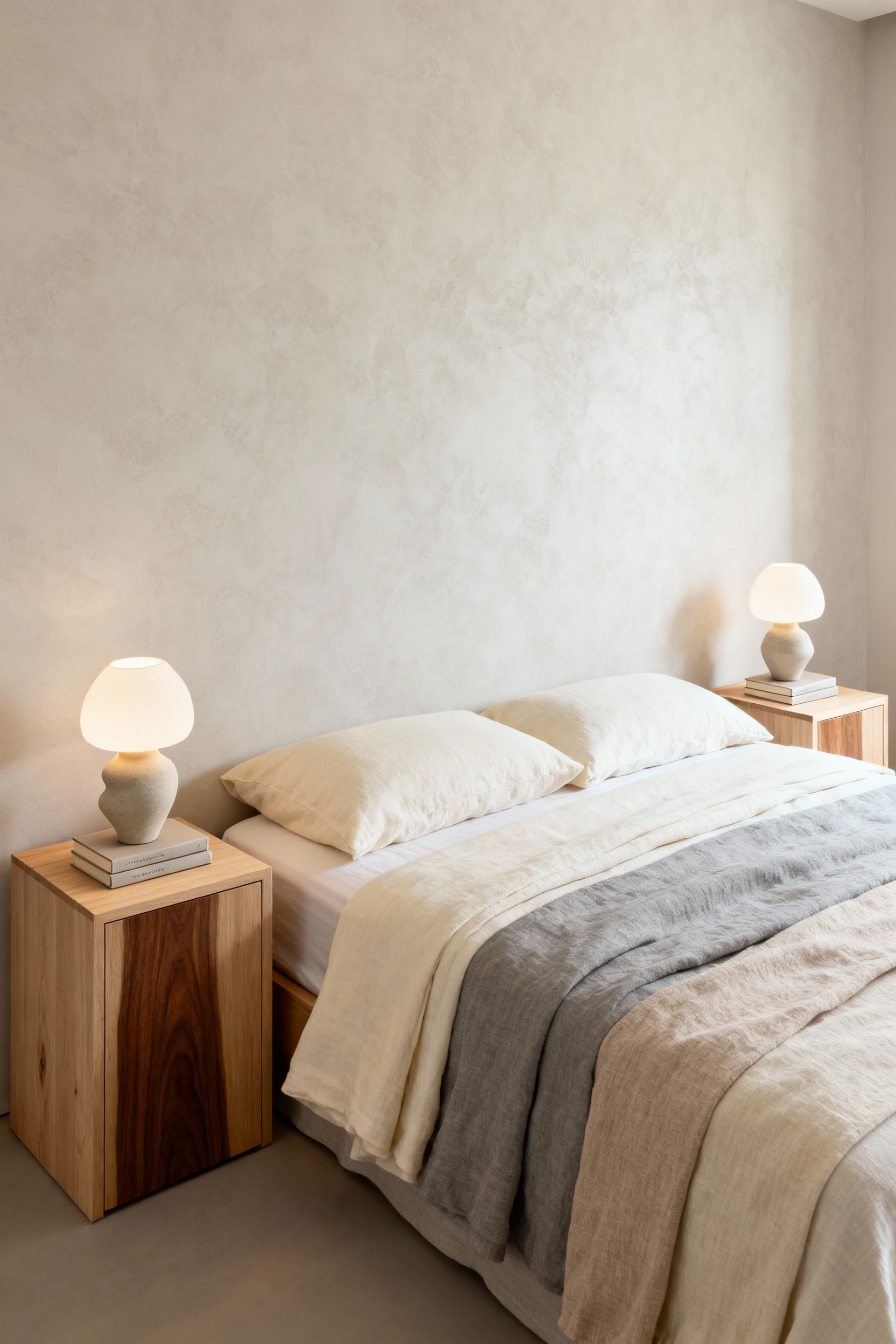 A serene modern bedroom furniture layout demonstrating intentional symmetry, featuring a plush bed flanked by two identical wooden nightstands and matching lamps, with the nightstand tops perfectly level with the mattress line for visual calm.