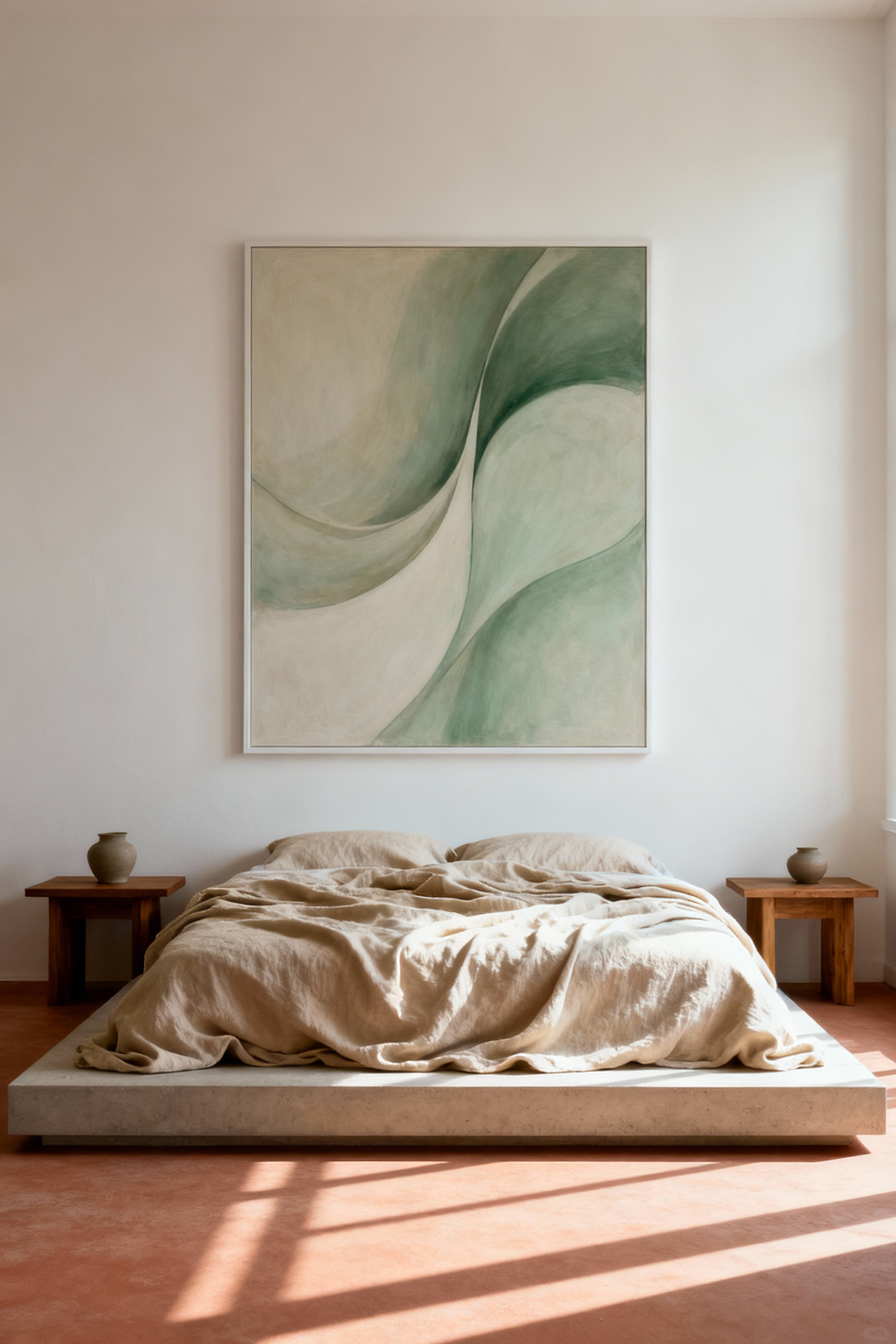 A serene, minimalist bedroom showcasing intention-based wall decor: a large framed abstract artwork with soft lines and calming neutral colors above a linen-dressed platform bed.