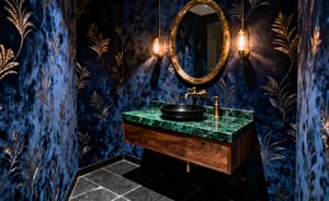 A small, luxurious powder room designed with dark midnight blue and gold geometric wallpaper, a walnut vanity, and emerald marble countertop, demonstrating the dramatic 'Jewel Box' design philosophy.