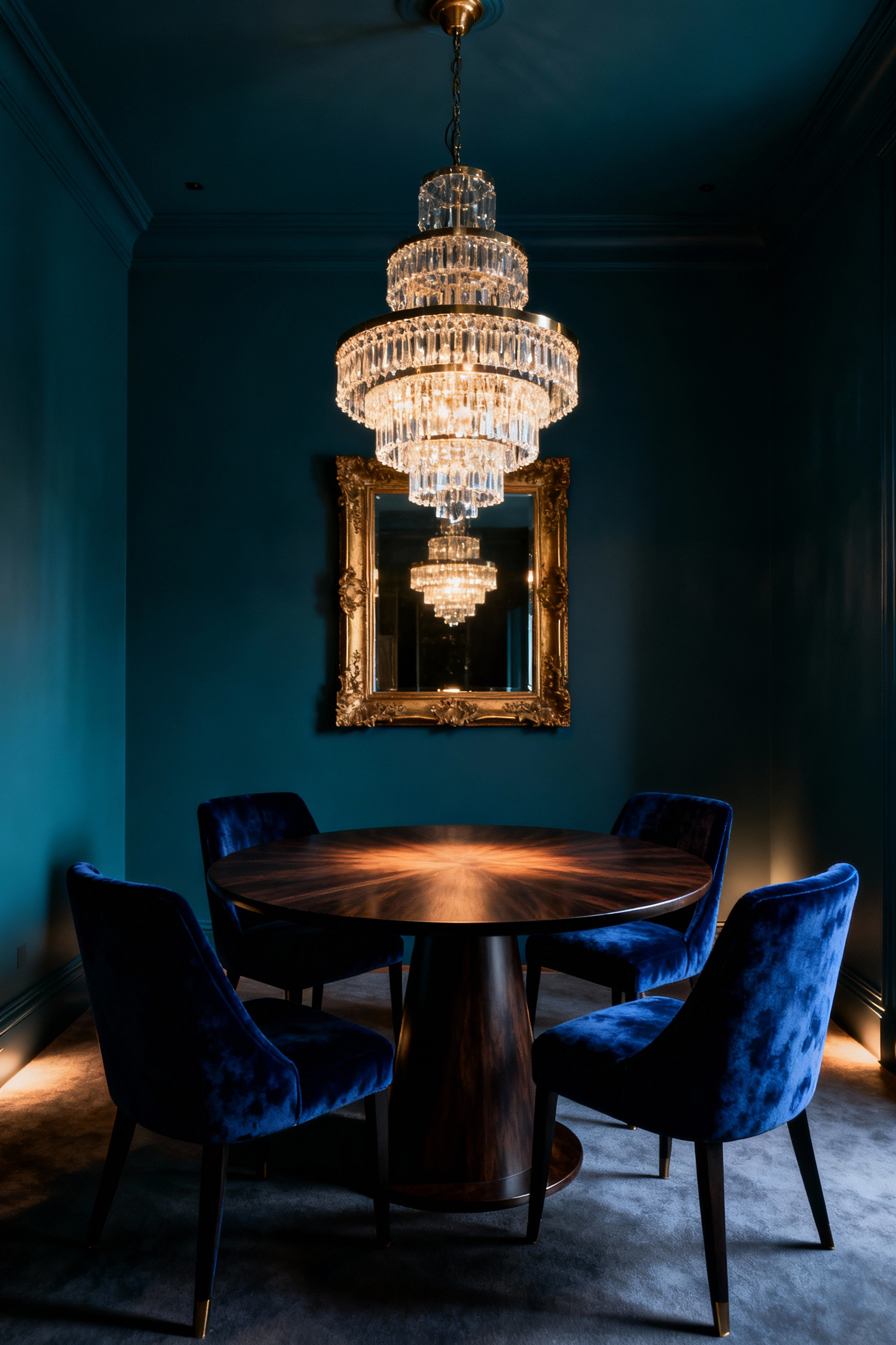 A small, luxurious dining room painted in deep, matte midnight teal, utilizing the Jewel Box technique. A round walnut table sits beneath a crystal chandelier, flanked by velvet chairs, creating an intimate, opulent space.