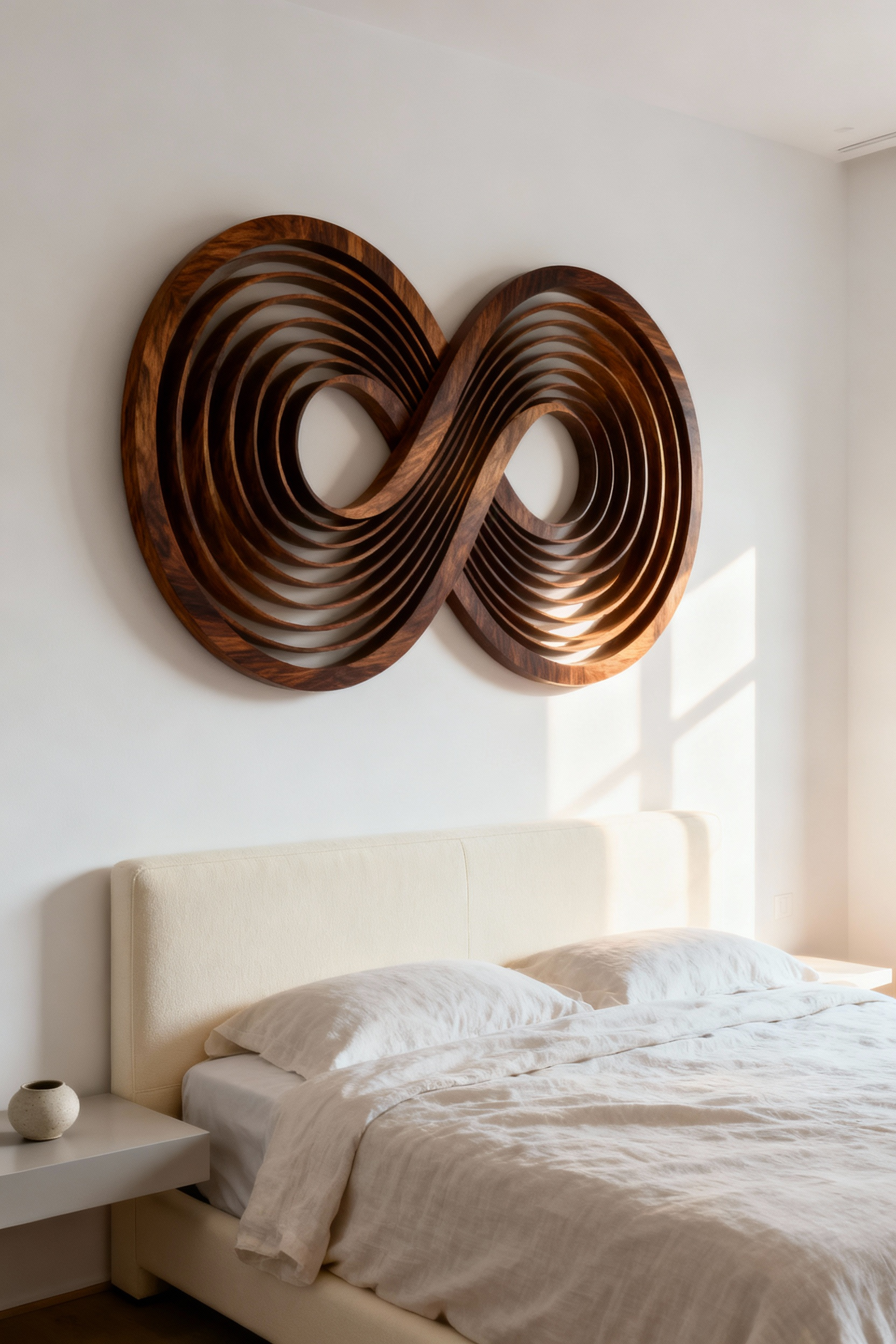 A minimalist bedroom scene showing a large, kinetic wall sculpture made of dark walnut wood mounted above the bed, designed with rhythmic, looping patterns to promote visual meditation and rest.
