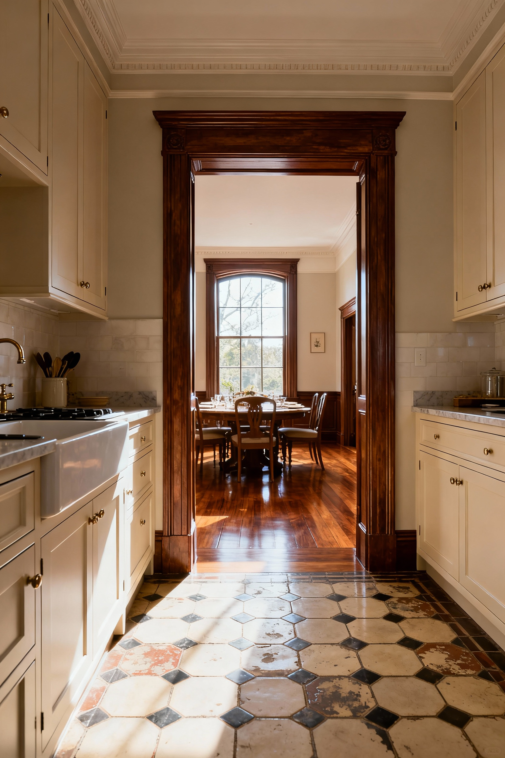Historic kitchen featuring a wide, cased opening leading to a dining room, illustrating optimized circulation paths and seamless transitional zones with period-appropriate millwork and flooring.