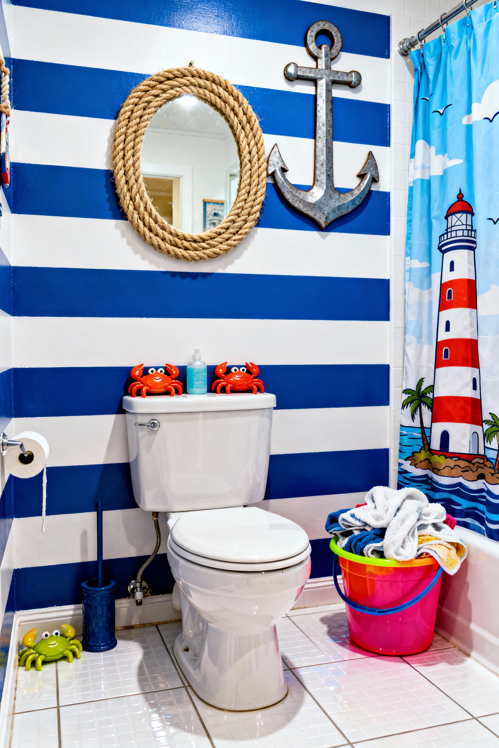 A full view photograph of a coastal bathroom overwhelmed by thematic kitsch, including rope-wrapped mirrors, bright blue stripes, and a large anchor decal above the toilet, demonstrating mass-produced theme decor.