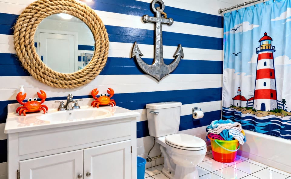 A full view photograph of a coastal bathroom overwhelmed by thematic kitsch, including rope-wrapped mirrors, bright blue stripes, and a large anchor decal above the toilet, demonstrating mass-produced theme decor.