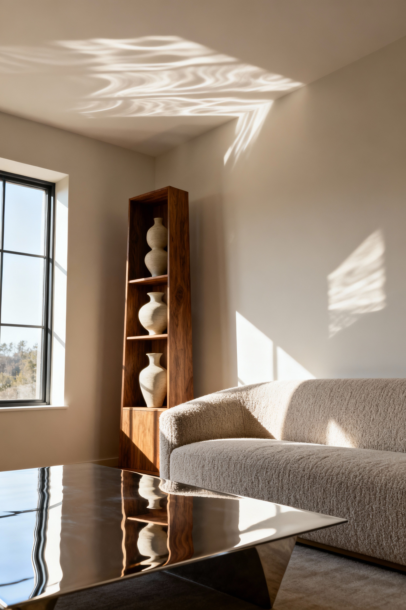 Portrait view of a tranquil living room, showcasing a high-gloss table and matte boucle sofa to illustrate light and shadow manipulation with textures.