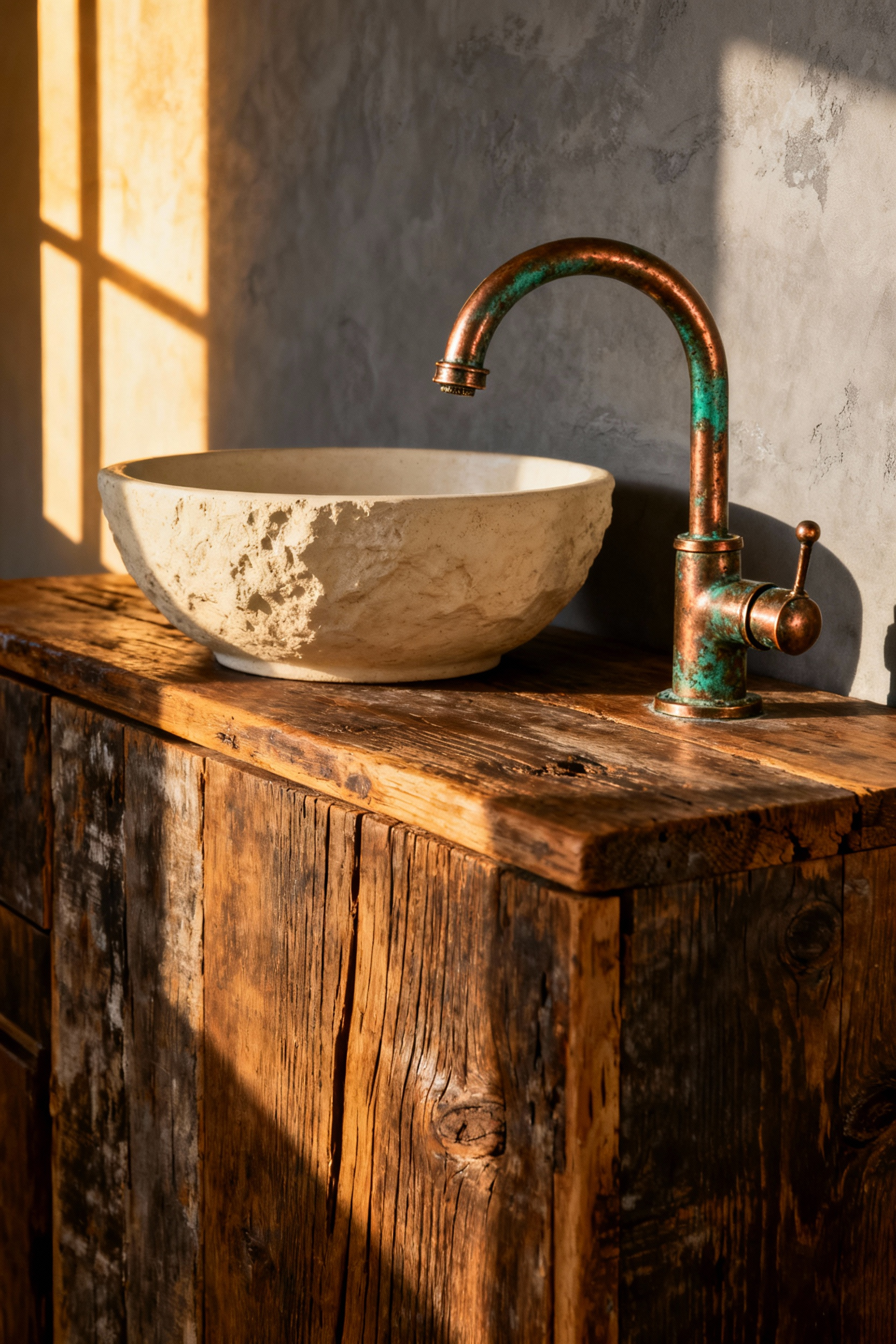 Rustic bathroom vanity featuring a rich patina on unlacquered copper fixtures set against a reclaimed wood counter, emphasizing visible metal aging.