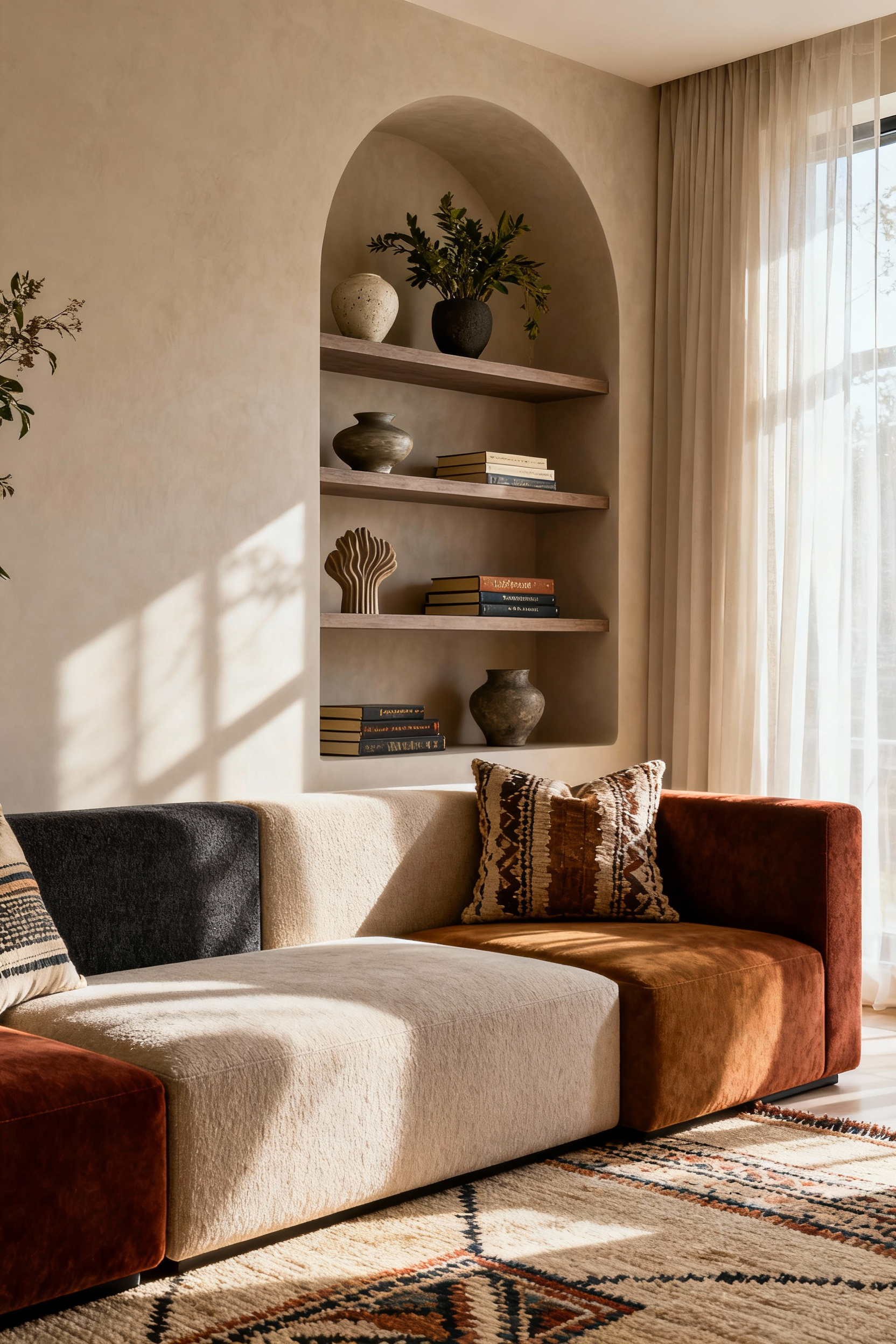 An exquisitely customized living room interior with a modular sofa, built-in shelving, and personalized decor, bathed in natural light, showcasing individual style and comfort.