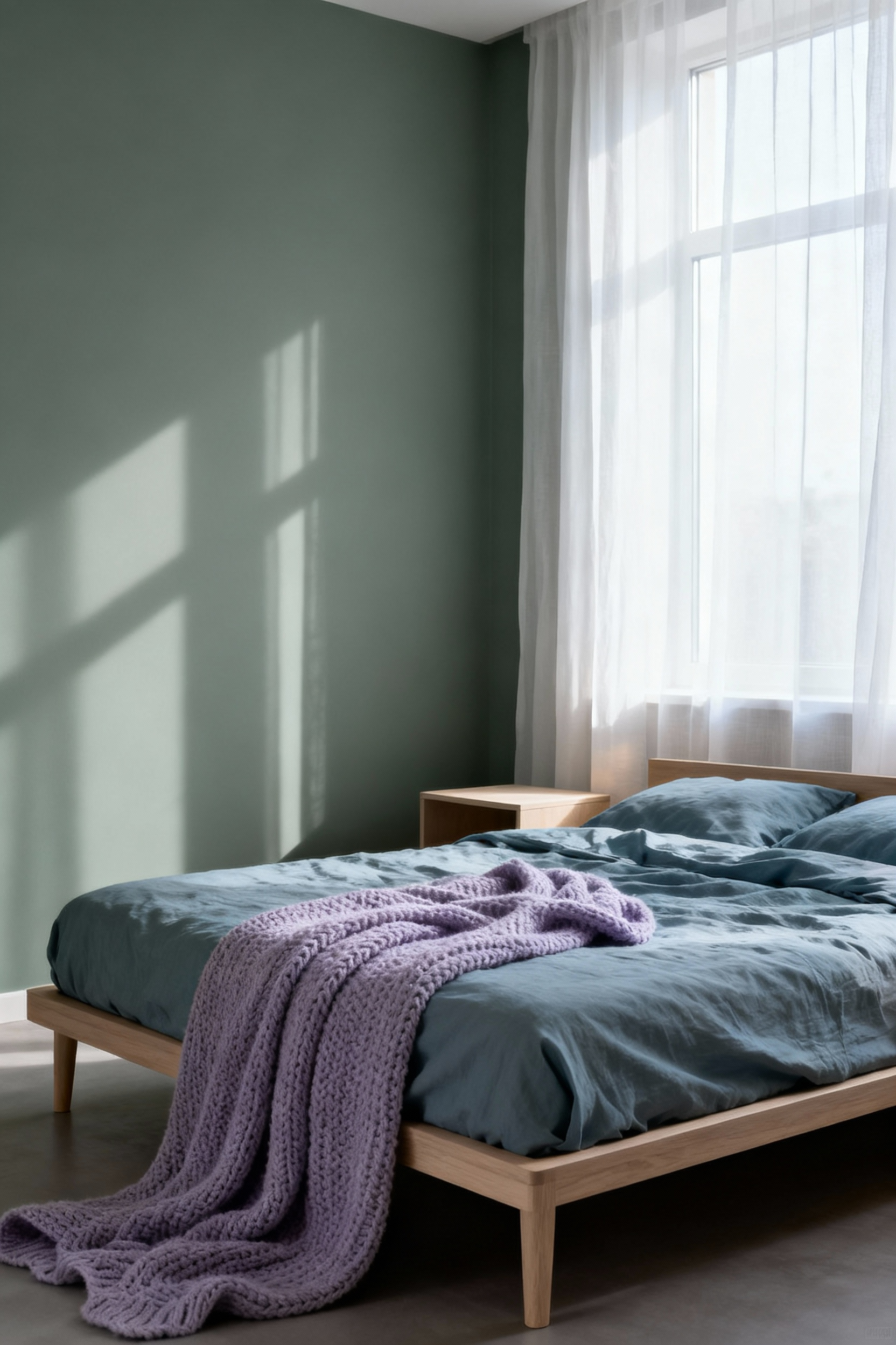A serene bedroom interior featuring a low-stimulation palette of muted sage walls and soft blue linen bedding, designed to encourage deep rest and lower heart rate.