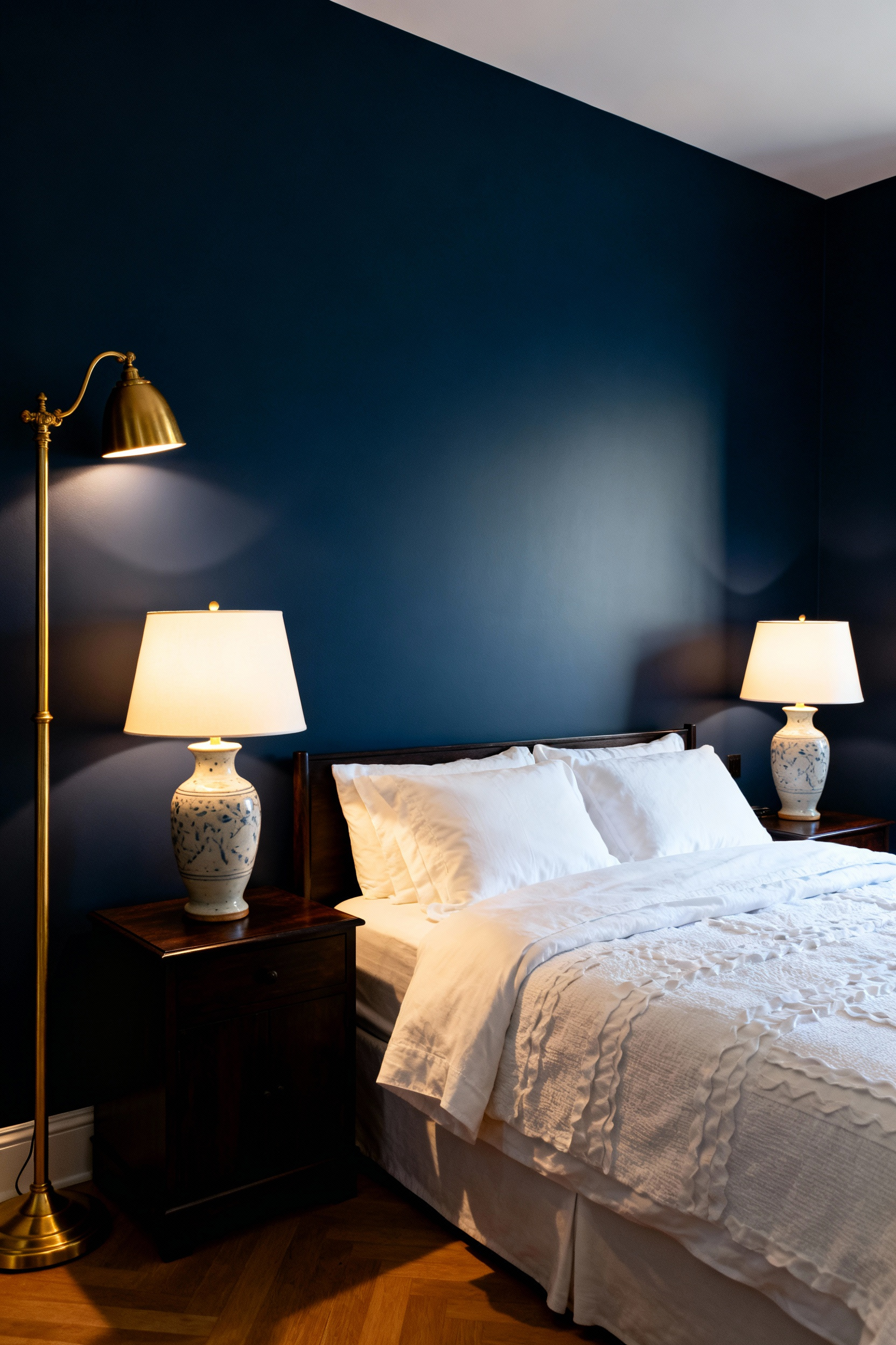A deeply colored slate blue bedroom illuminated exclusively by warm, golden 2800K light from bedside lamps, emphasizing a cozy, sleep-conducive atmosphere.