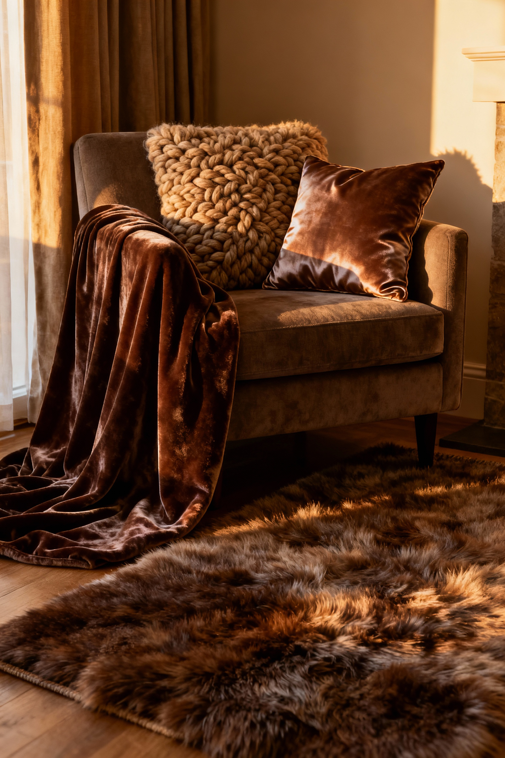 A cozy living room interior featuring a layered arrangement of luxurious textiles, including a deep-pile rug, a velvet throw, and merino wool cushions, bathed in warm golden light, emphasizing tactile opulence and comfort.
