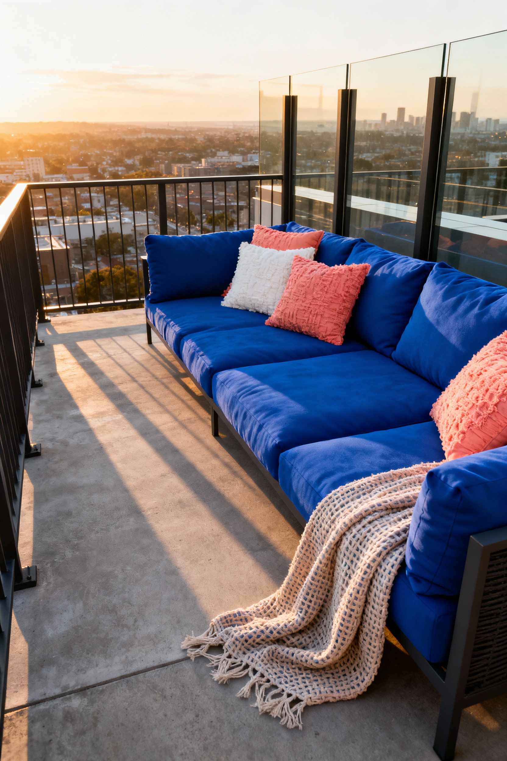 Vibrant sapphire blue weatherproof cushions and coral throw pillows softening the rigid concrete and steel architectural lines of a modern outdoor balcony setup.