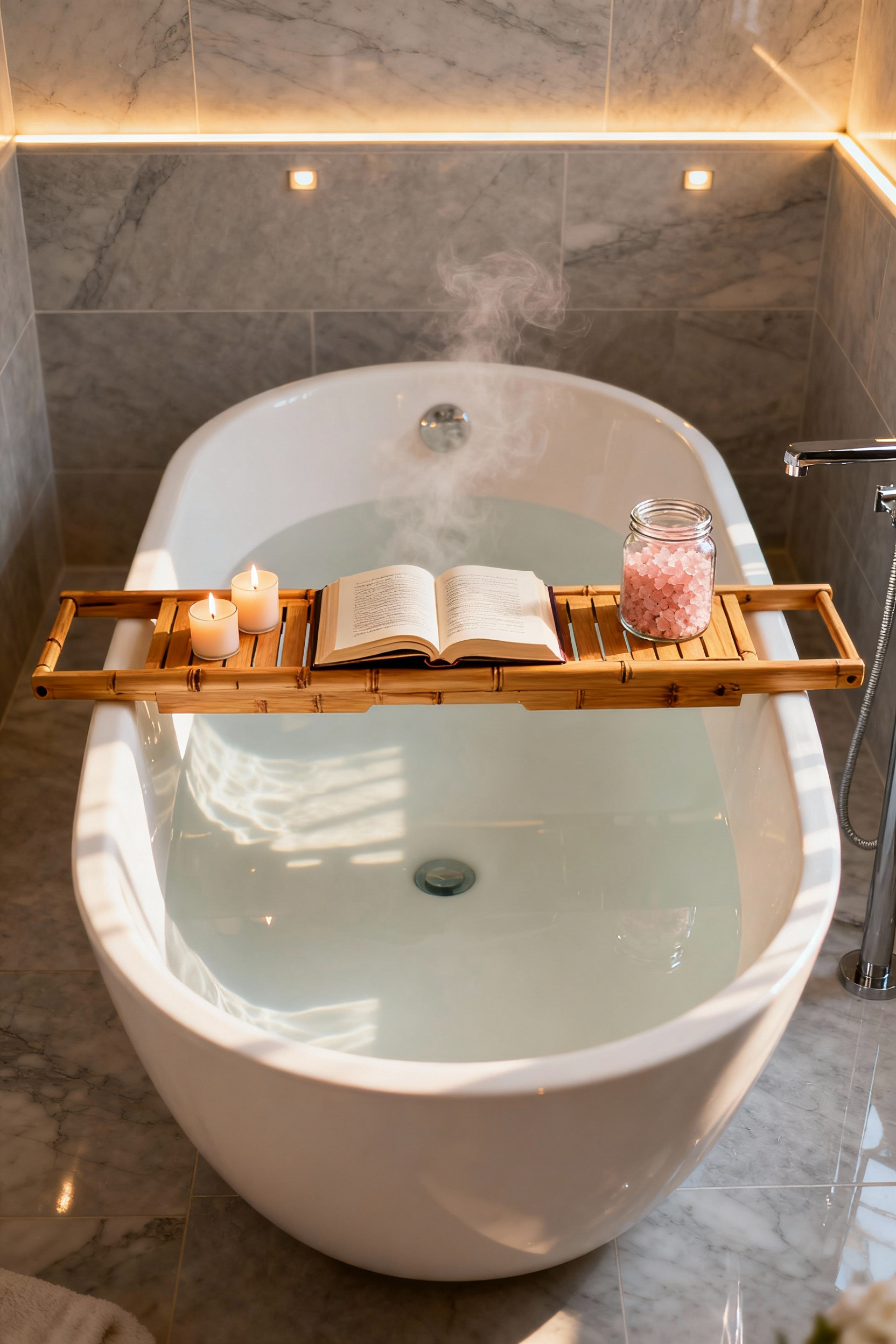 Bamboo bathtub caddy resting on a white soaking tub, styled with candles, a book, and bath salts for a luxury spa-like relaxation experience.