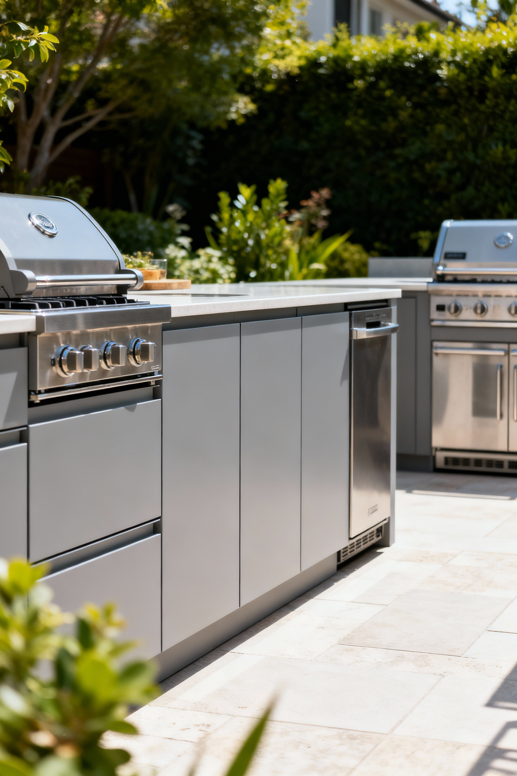 Pristine marine-grade HDPE outdoor kitchen cabinets showing unrivaled weather resistance in a bright, natural setting.