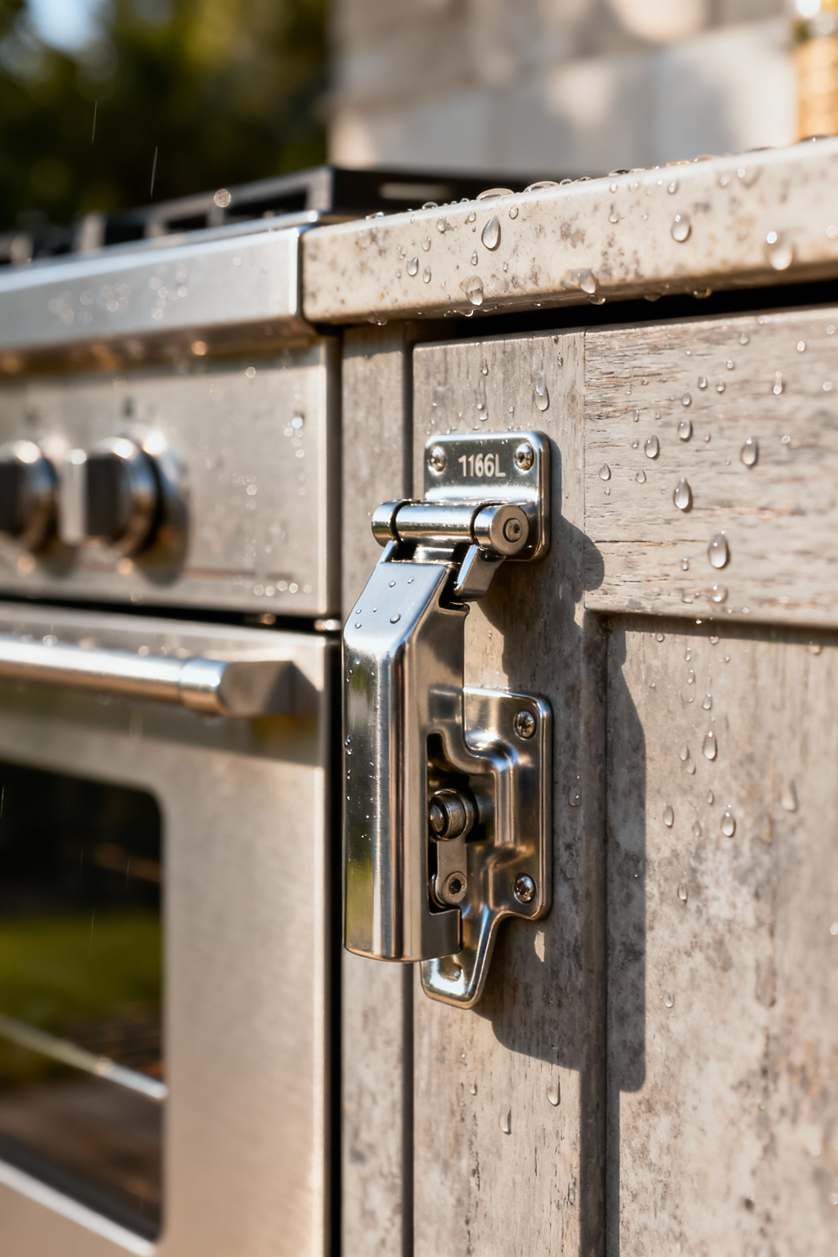 Close-up of a shining marine-grade 316L stainless steel hinge on an outdoor kitchen cabinet, resistant to water and corrosion.