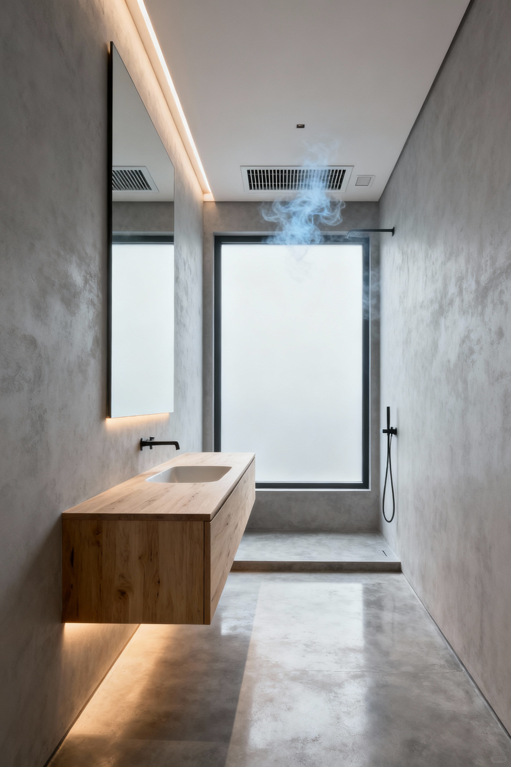Minimalist luxury bathroom featuring a floating oak vanity and integrated HVAC scenting grille, highlighting invisible architectural wellness design.