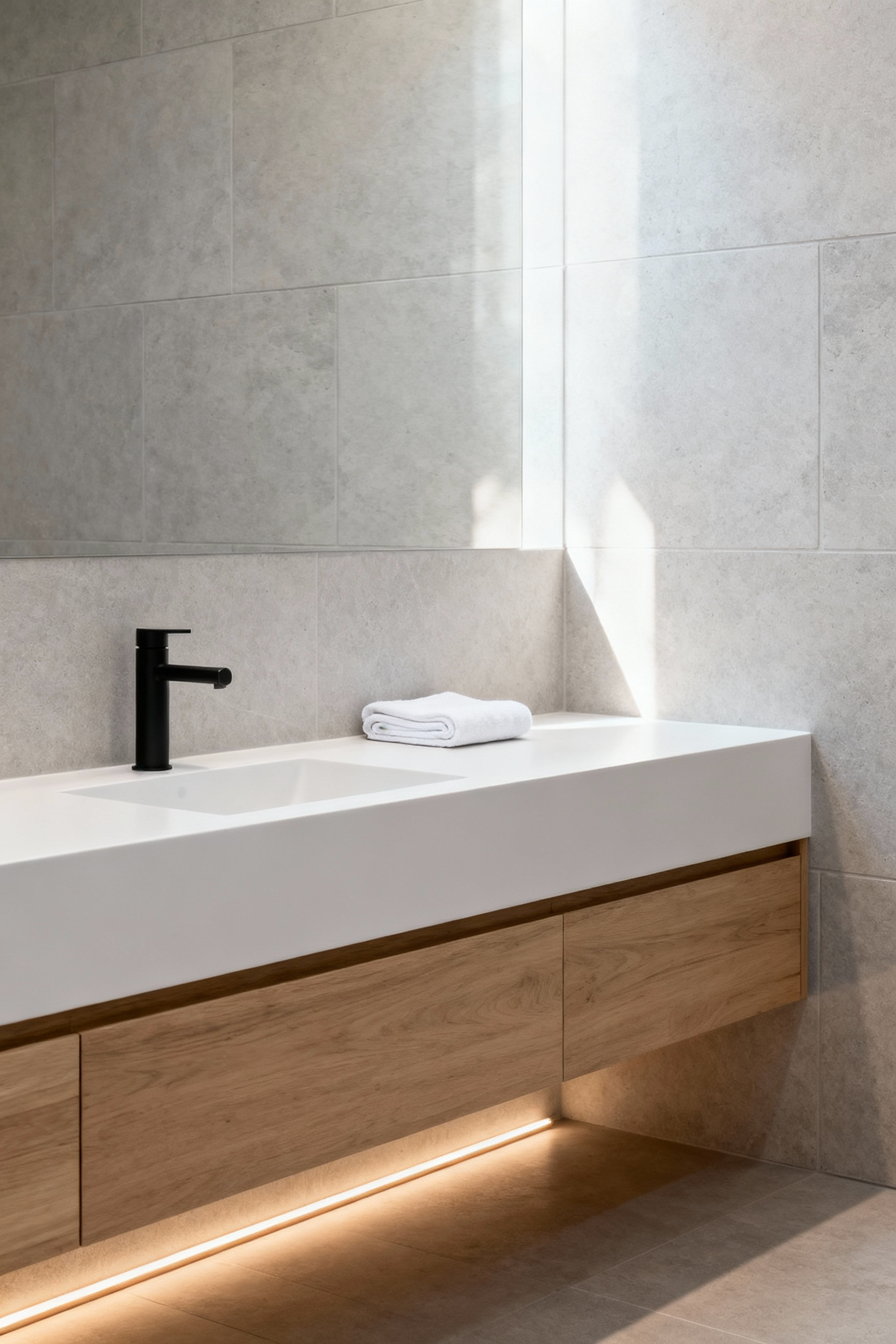 Pristine, hyper-minimalist bathroom featuring a floating pale oak vanity, seamless white sink, and zero visual clutter, designed to create a mindful morning ritual.