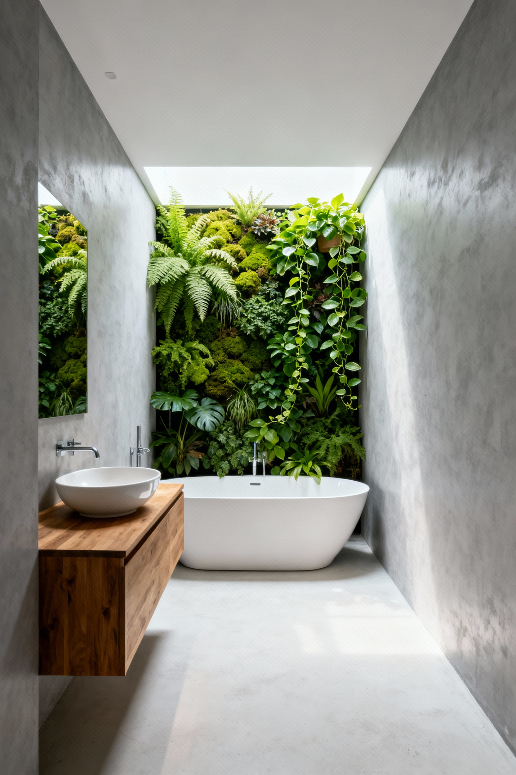 Full view of a minimalist white and gray bathroom featuring a sleek freestanding bathtub placed against a dramatic, floor-to-ceiling living wall of vibrant green plants.
