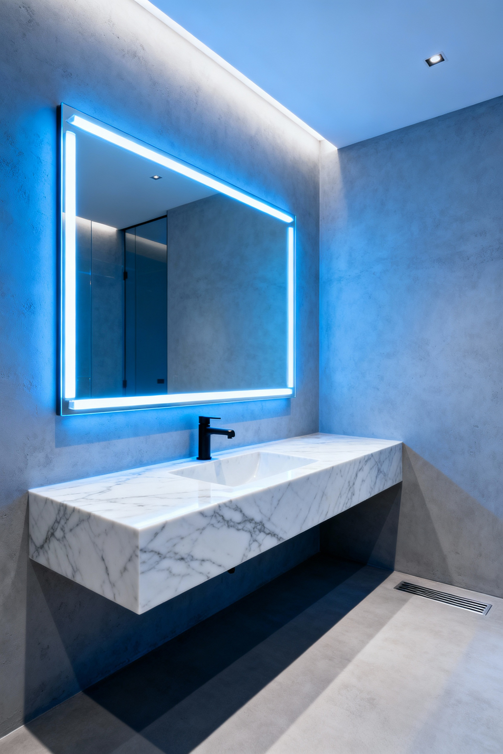 A minimalistic bathroom featuring a white marble floating vanity intensely illuminated by high-intensity cool white LED lighting (6200K) designed to suppress melatonin and boost morning alertness.