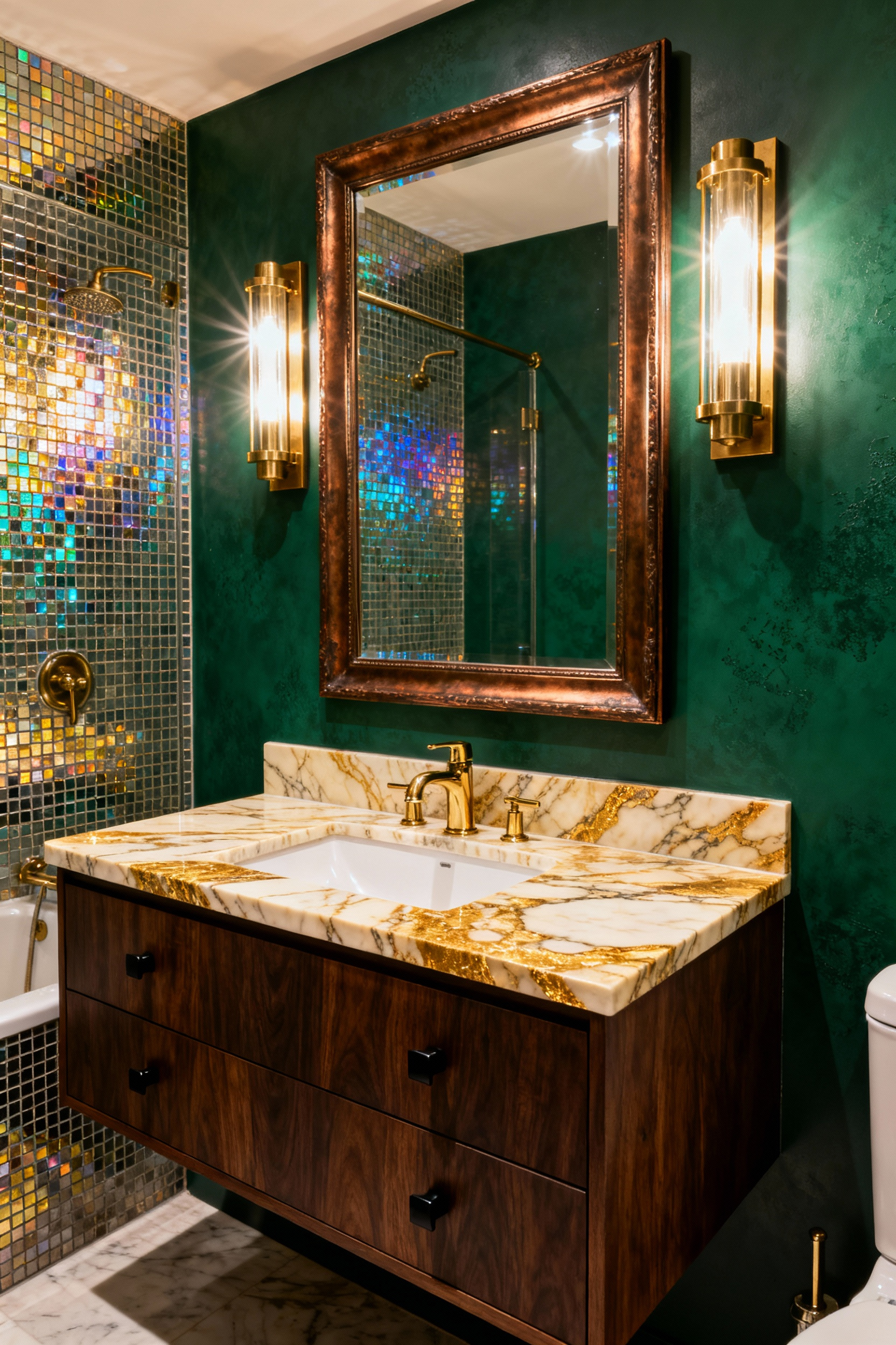 Small luxury bathroom utilizing mixed metals including polished brass, matte black, and antique bronze, alongside textured emerald walls and veined marble to create a visually complex jewel box effect.