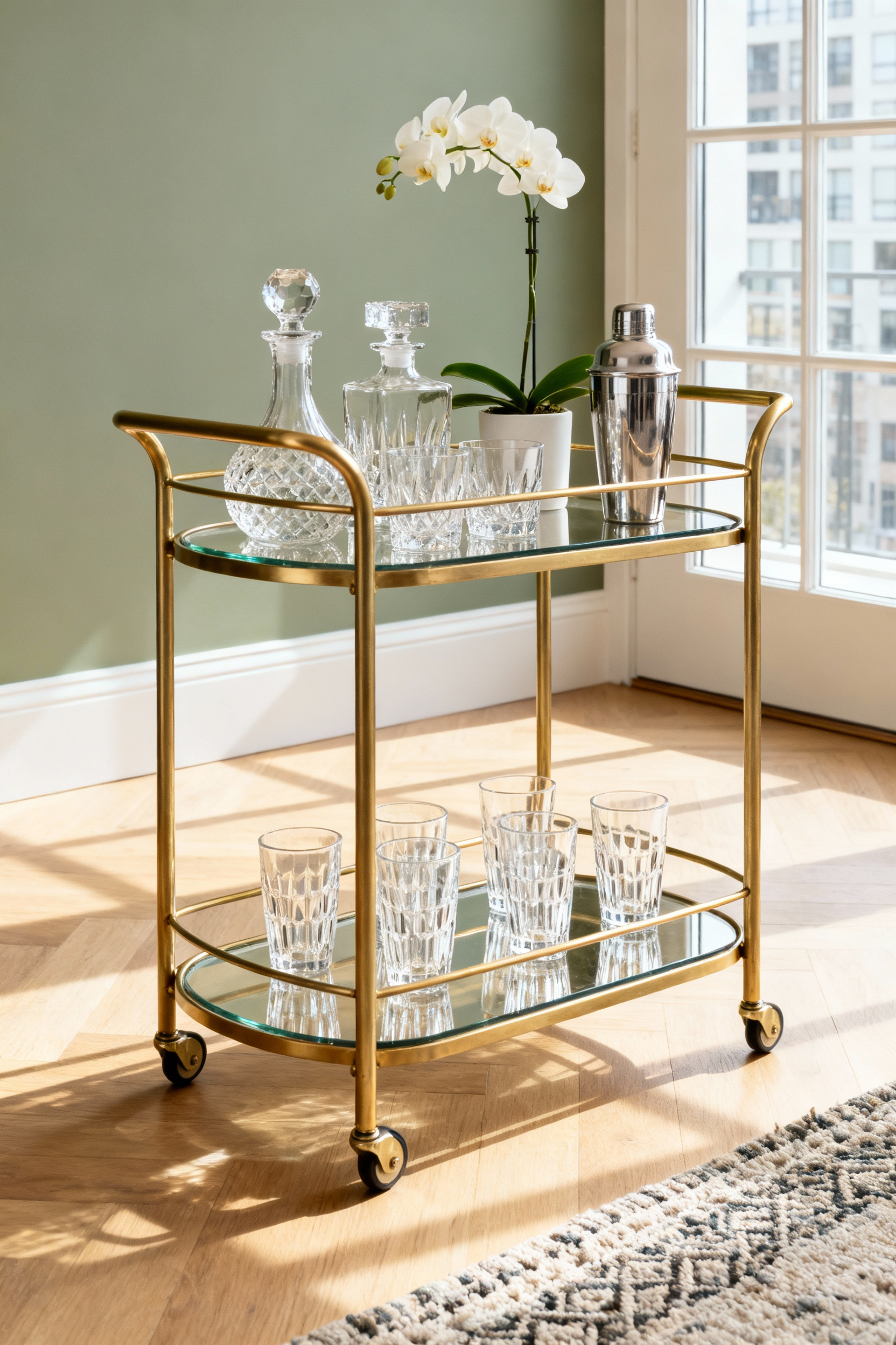 A stylish brass and glass rolling bar cart set up as a mobile cocktail station in a modern apartment living room, illustrating flexible apartment decorating ideas.