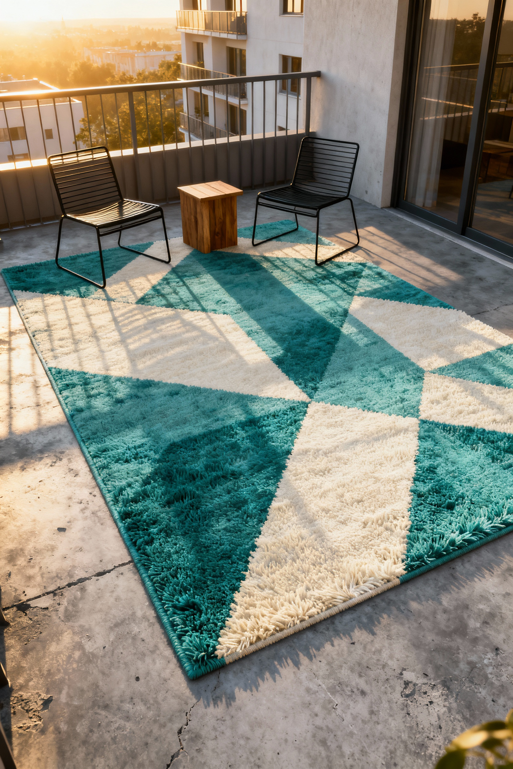 A vibrant blue and white geometric all-weather outdoor rug defining a distinct seating area on a raw concrete balcony, transforming the space into an inviting outdoor room.