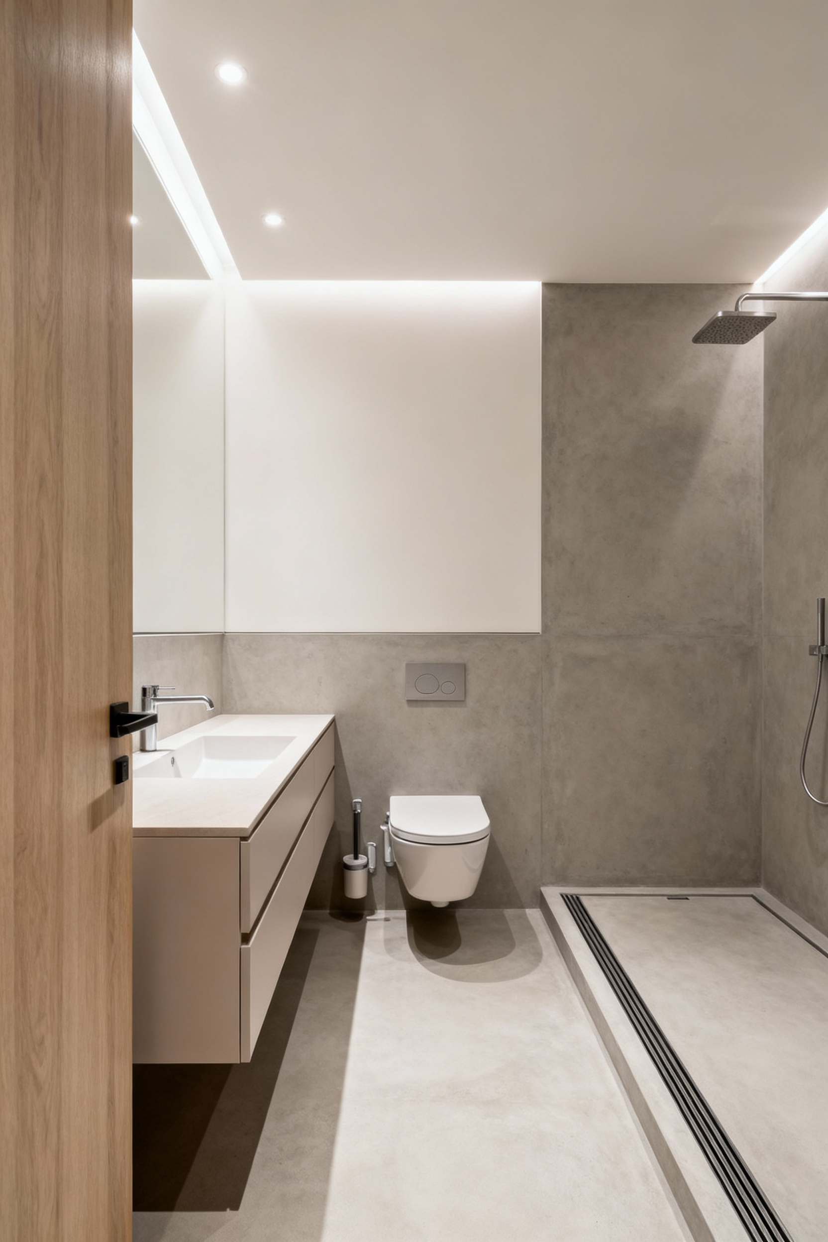 Modern bathroom with floating vanity, wall-mounted toilet, and walk-in shower showcasing clean lines and minimalist fixtures for an expansive, tranquil space.