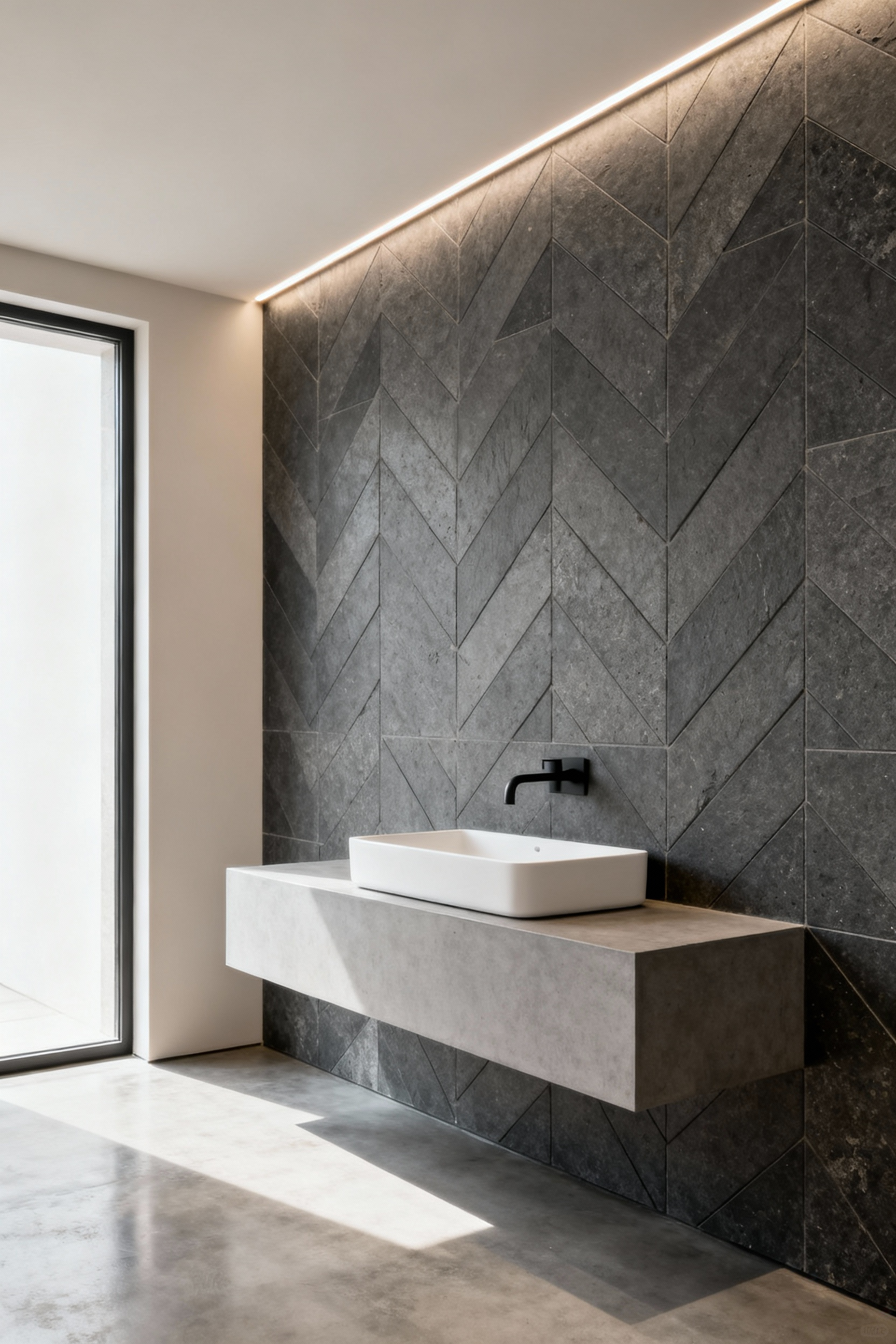 A luxurious modern bathroom featuring a statement wall behind a floating vanity. The wall is covered in dark gray honed basalt tiles in a herringbone pattern, accentuated by subtle linear LED lighting. A white vessel sink and matte black faucet add to the minimalist design. This image showcases sophisticated modern bathroom tile patterns.