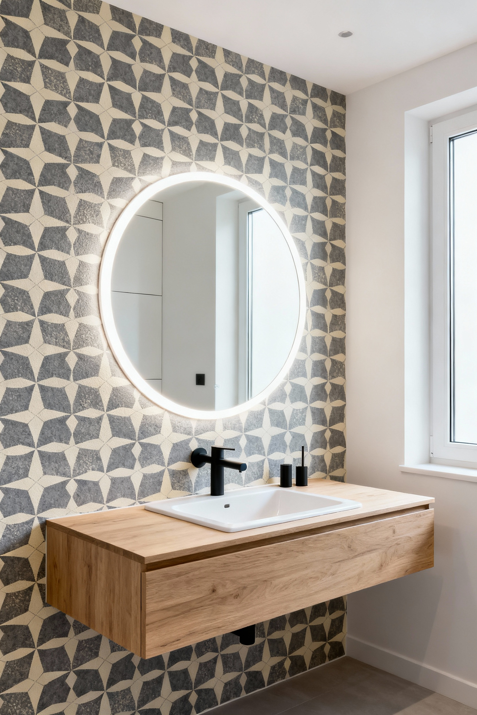 Modern bathroom featuring a floating oak vanity, circular backlit mirror, and accent wall covered in slate gray geometric peel-and-stick vinyl wallpaper designed for high moisture.