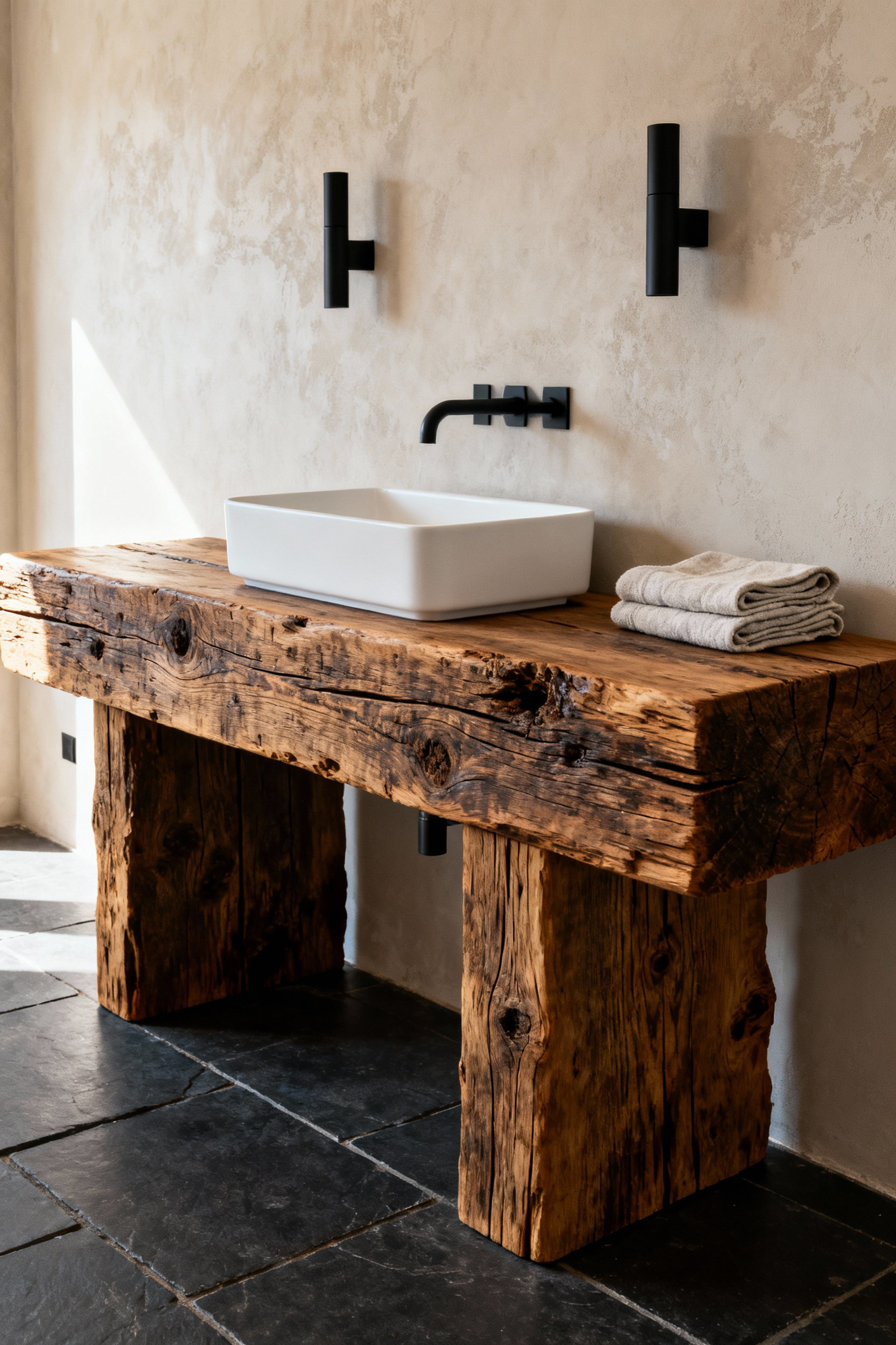 A sophisticated rustic bathroom featuring a rough-hewn wood vanity contrasted sharply with sleek matte black fixtures and a white vessel sink, illustrating modern integration.