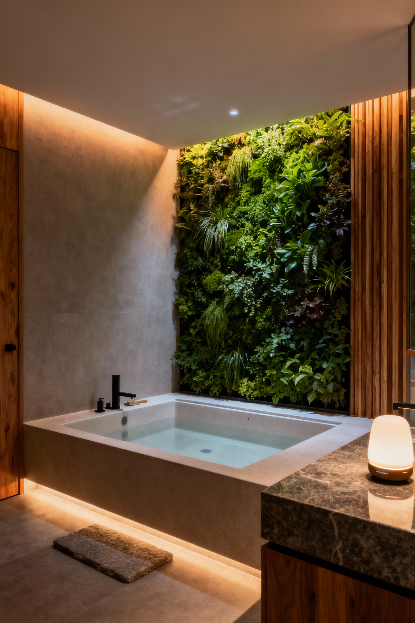A minimalist modern bathroom with a sunken Japanese-style soaking tub, a living green wall, natural wood, stone elements, and soft lighting, creating a dedicated spa relaxation zone.